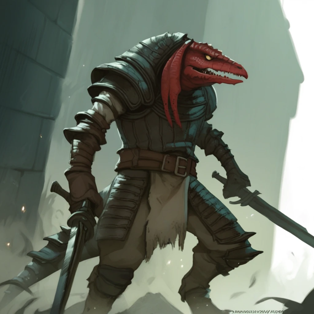 score_9, score_8_up, score_7_up, score_6_up, score_5_up, score_4_up, A solo Bangaa rogue with red scaly skin and sharp teeth, dressed in dark leather armor, is dual wielding scimitars. He is standing in a dark alley, grinning menacingly at the viewer. his pose is dynamic and intimidating, suggesting his is ready to leap into action at any moment. The scene is illuminated by a dim light that casts long shadows, enhancing the sinister and mysterious vibe of the setting.