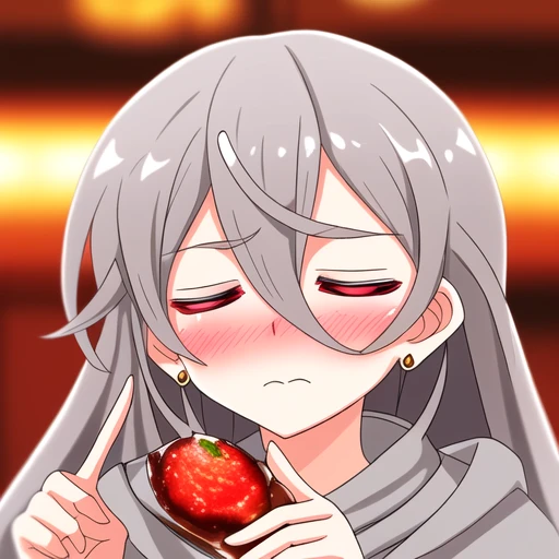 index finger raised, grey hair, red eyes, hood, jewelry, holding food, blurry background, blush, closed eyes, very long hair