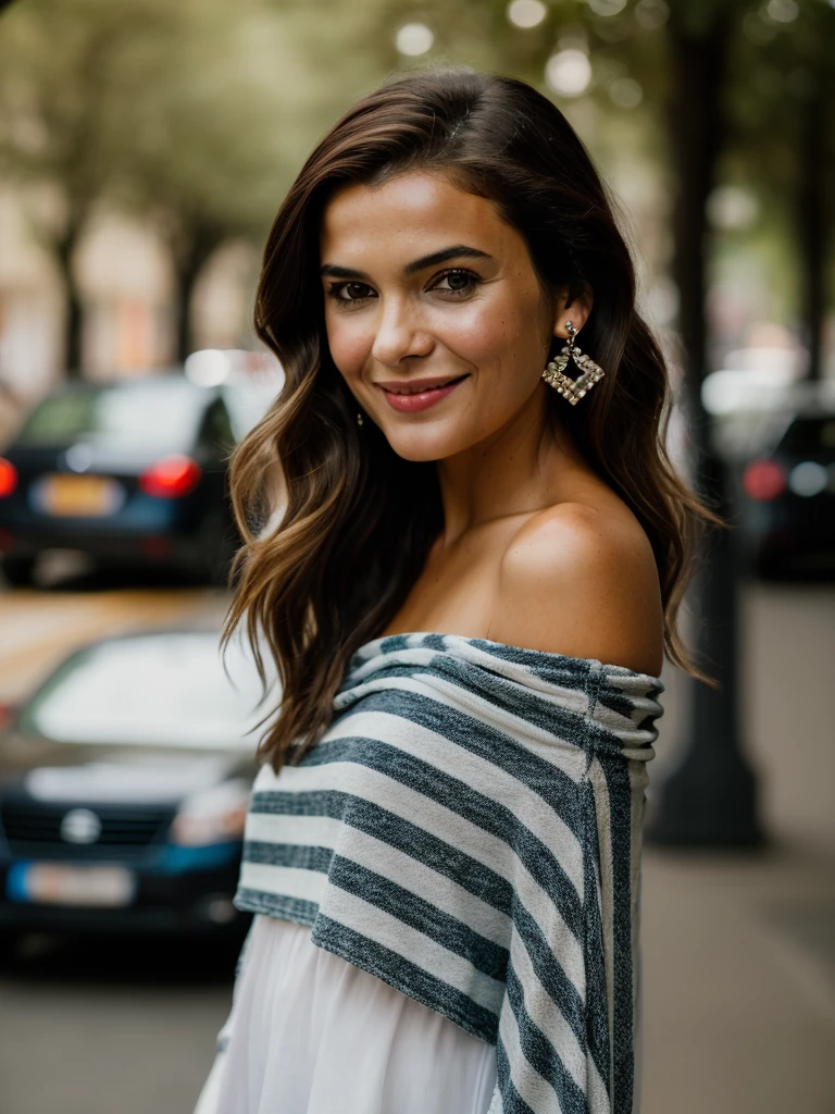Realistic photo of a beautiful k3r1rus woman, 1girl, solo, long hair, looking at viewer, smile, brown hair, shirt, bare shoulders, jewelry, upper body, earrings, striped, off shoulder, blurry, lips, striped shirt, realistic, professional Photography, Photorealistic, detailed, RAW, analog, sharp focus, 8k, HD, DSLR, high quality, Fujifilm XT3, film grain, award winning, masterpiece<lora:k3r1rus:1.0>