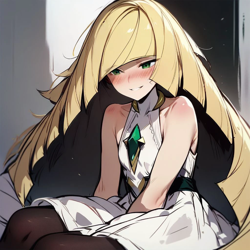 score_9,score_8_up,score_7_up,score_6_up,score_5_up,score_4_up, solo, 1girl, solo, sitting, smile, parted lips,blush, half-closed eyes, lusamine, blonde hair, green eyes, white dress, sleeveless, pantyhose, ,