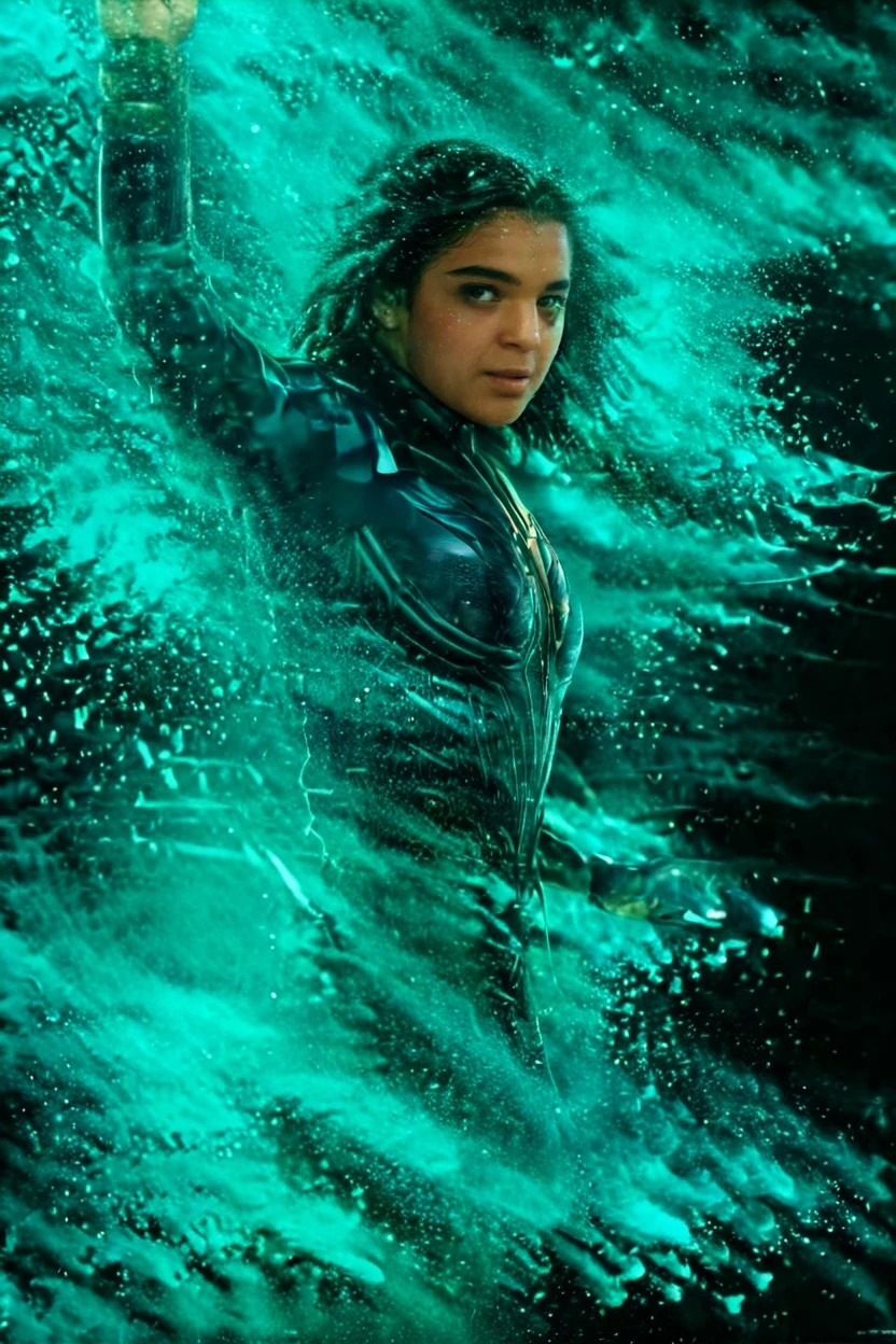 <lora:Kamala_Khan_XL:0.8> kamala khan, (tropical teal splash), dark background <lora:colorSplash:1> . 35mm photograph, film, bokeh, professional, shot by sohrab hura, 4k, highly detailed