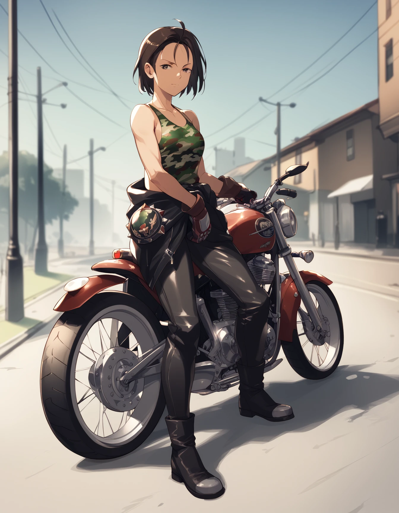 score_9, score_8_up, score_7_up <lora:kazama-akira-ponyxl-000013:1> rskzm, camouflage tank top, jacket around waist, bare arms, leather pants, gloves,
confident, motorcycle, outdoors