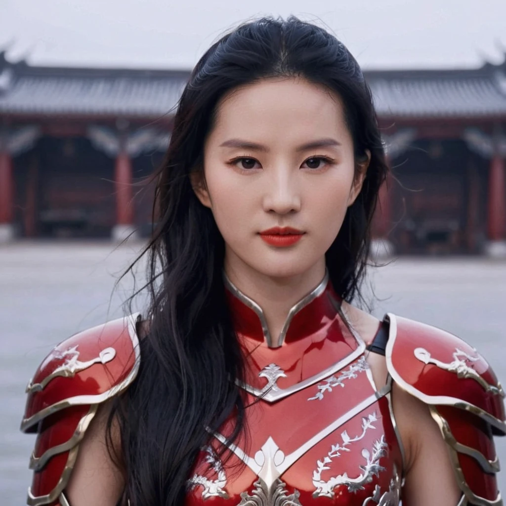 (lyfei woman:1.2)<lora:lora_lyf-step00003500-sd_xl_base_1.0:1> ,Wearing a red battle armor with metallic luster, the cold is approaching