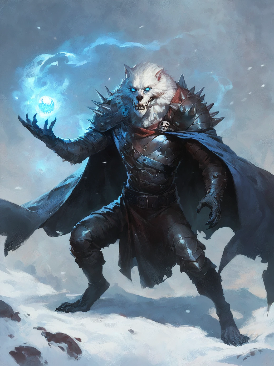score_8_up, score_7_up, big strong werewolf death knight, glowing blue eyes, eye trail, white fur, heavy armor with spikes, belt, big shoulder pads with skull emblem, cape, winter, snow, fantasy, dynamic angle, full body, <lora:sxz-rutkowski-smol-pdxl:1> rutkowski style, realistic