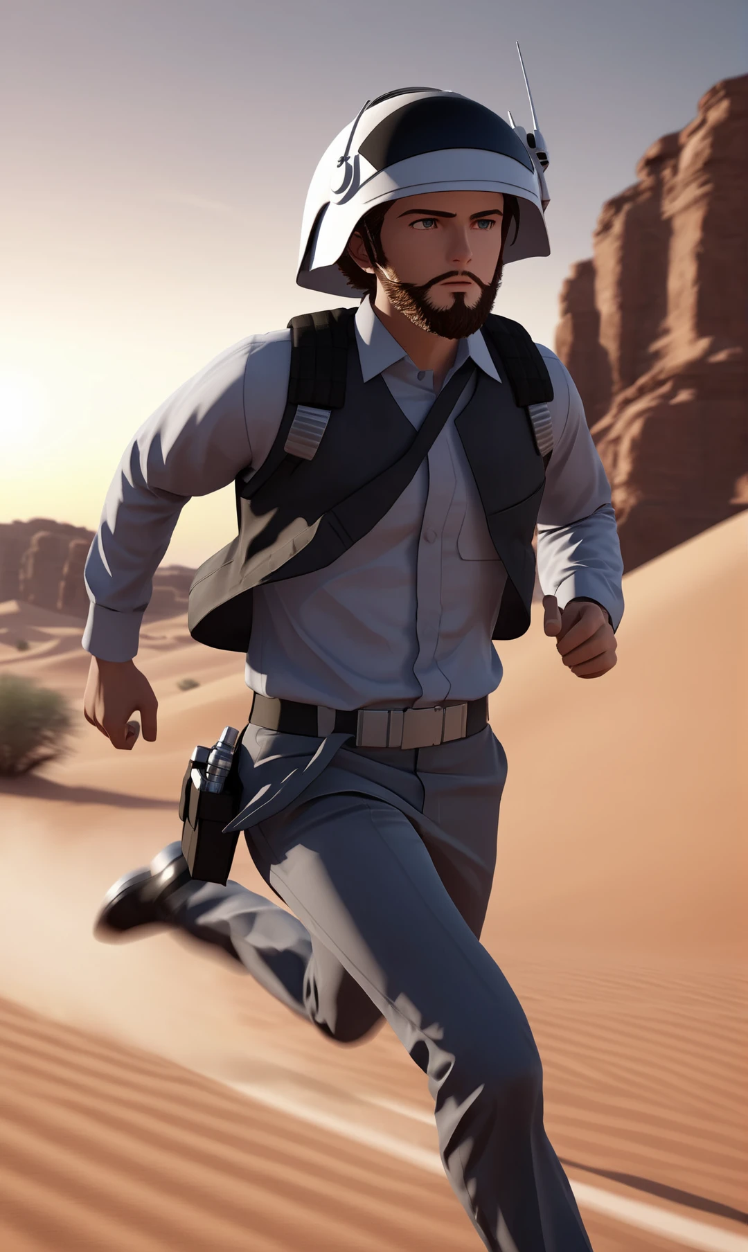 (rebel trooper uniform:1.2),young man ,beard,collared shirt,white and black helmet,running on a desert,long sleeves,<lora:RebelTrooperXL:0.8>, highly detailed . octane render, highly detailed, volumetric, dramatic lighting