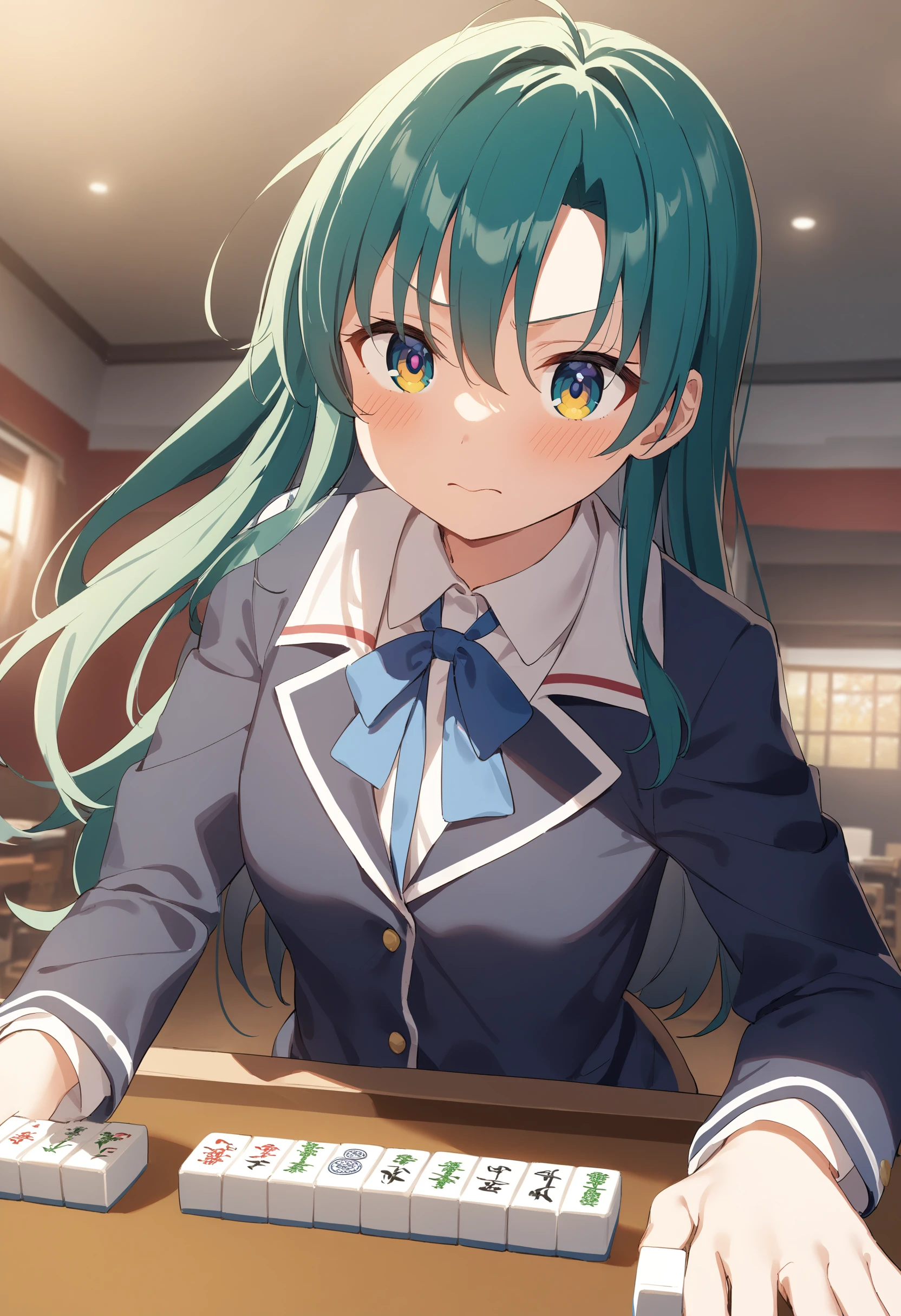 1girl,sincos, ningen mame, toosaka asagi,solo,medium breasts,school uniform,
mahjong, mahjong tile, mahjong table, board game, playing games,<lora:mahjong_XL_v1:0.9>
dutch angle, fisheye lens, looking away, serious, closed mouth,green hair, golden eyes,
best quality, very aesthetic, absurdres,