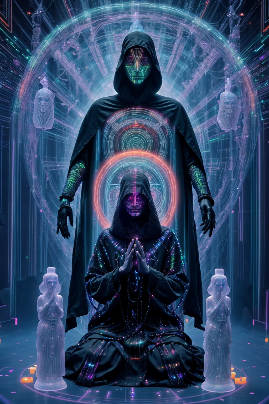 Techno shaman, hooded figure surrounded by holographic totems, channeling ancient rituals through futuristic interfaces. , photo by Martin Parr , <lora:SDHK:0.75>