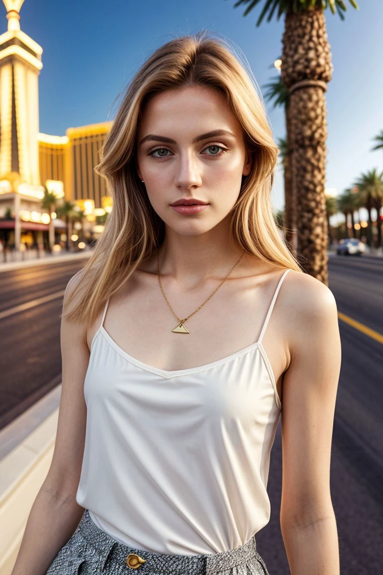 European woman, closeup, (shirt), pants, (las vegas strip), gold necklace , ZM_meryem, wide shoulders, perfect face, (contact iris: 1.1), pale skin, skin pores , depth of field