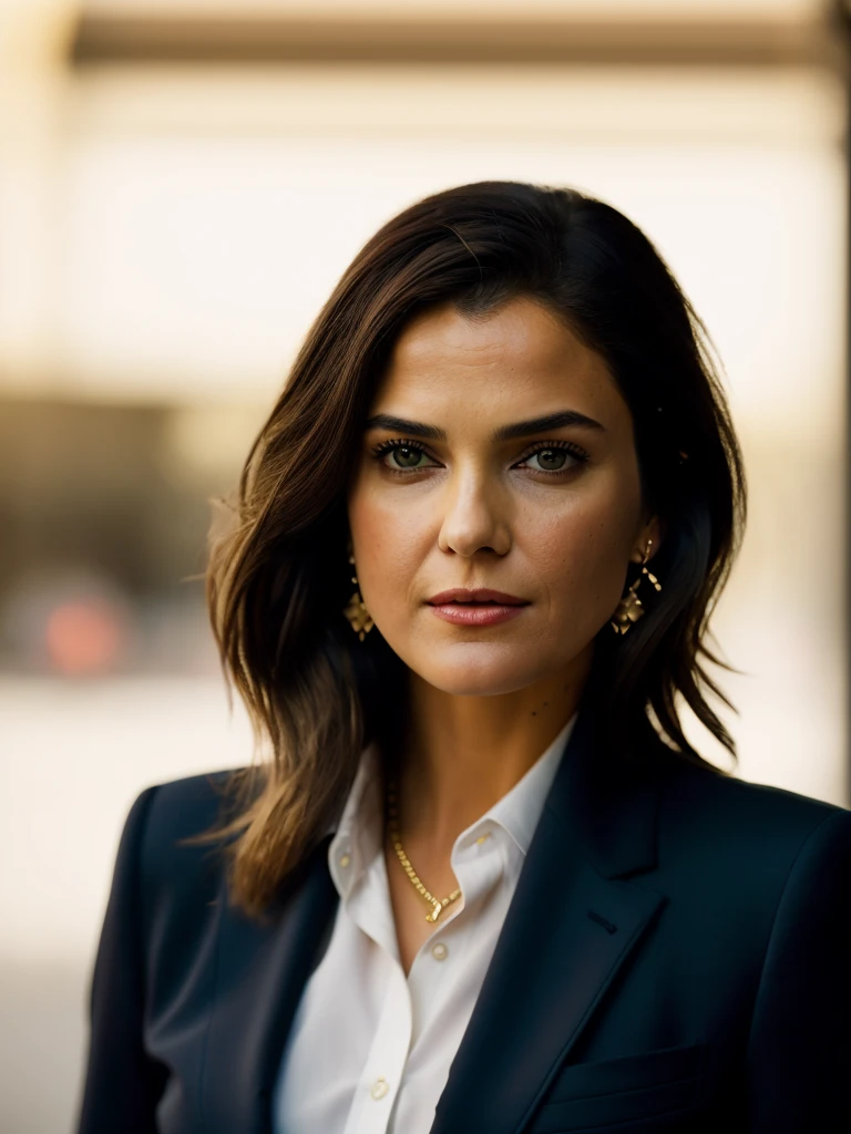 Realistic photo of a beautiful k3r1rus woman, 1girl, solo, long hair, looking at viewer, brown hair, black hair, jewelry, earrings, pants, lips, black pants, formal, suit, yellow background, realistic, professional Photography, Photorealistic, detailed, RAW, analog, sharp focus, 8k, HD, DSLR, high quality, Fujifilm XT3, film grain, award winning, masterpiece<lora:k3r1rus:1.0>