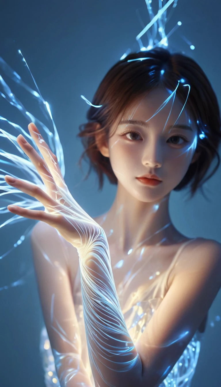 1girl,Particles of Light,A girl made of particles,
The density of lines at the finger part is high,
A jumble of lines outlines the shape of a girl's upper body,bailing_particles,bailing_lines,bailing_light element,translucent luminous body,a girl made of light,white_marble_glowing_skin,