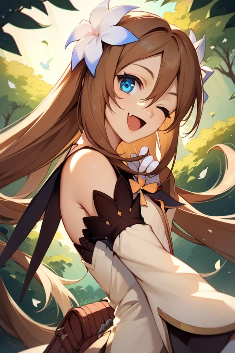 score_9, score_8_up, score_7_up, very aesthetic, source_anime, detailed, high quality, beautiful, masterpiece, detailed eyes,
<lora:lightXL:0.8>
forest, light beams,
cowboy shot, looking at viewer, upper body,
smile, open mouth, fang, from side, wink,
<lora:marta_autismConfetti_v01:0.95>
marta lualdi, blue eyes, brown hair, long hair, dress, hair ornament, hair between eyes, detached sleeves, knee boots, white gloves, miniskirt, black thighhighs,, zPDXL