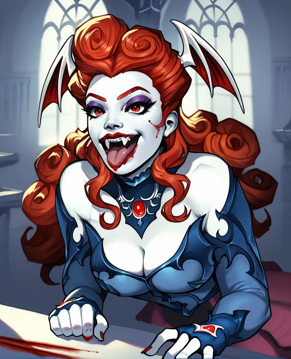 score_9,score_8_up,score_7_up,score_6_up,
Lillithxl,long red curly hair,pale skin,lips,red eyes,makeup,smiling,fangs,open mouth,
head wings,detached sleeves,bare shoulders,cleavage,dress,jewelry,
fingerless gloves,leaning forward,tongue out,
indoors,castle,blood,
<lora:Lillith:1>,