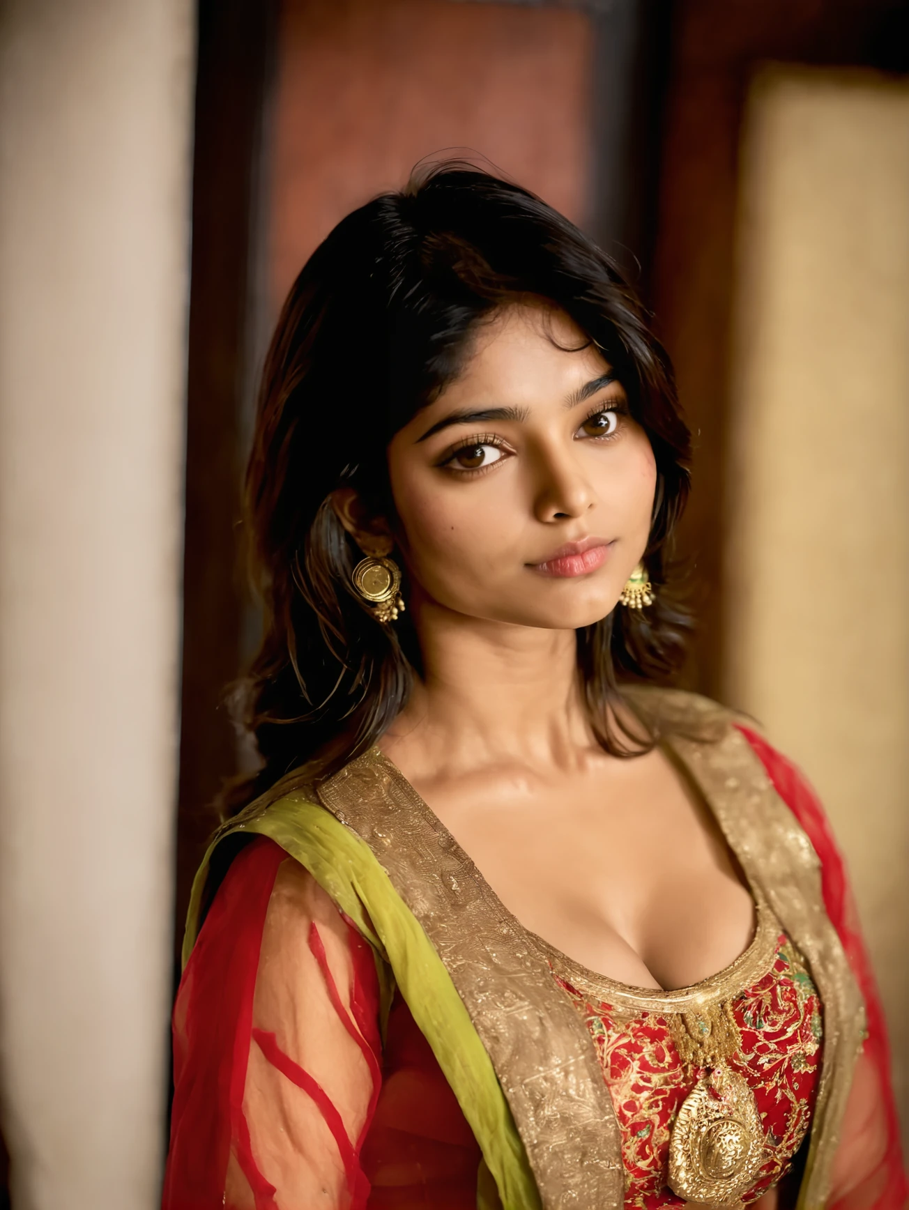 divyasynthxl woman, <lora:divyasynthxl-v1:1>, face focus, closeup, standing, smiling, closed mouth, mouth closed, in the bedroom, wearing traditional indian outfit