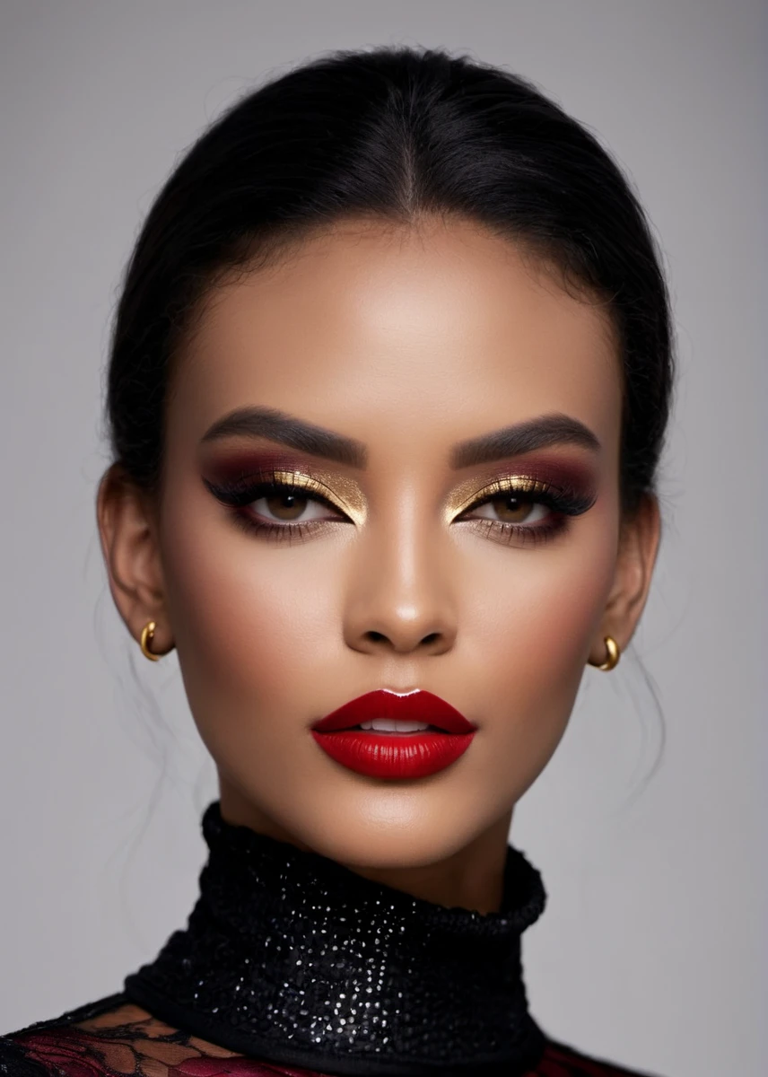 fashion editorial style, half body of A captivating masterpiece of an woman, (((dressed in a turtleneck Blouse))), The intricate lace and gold details exude a very rebellious aura. ((A bold and daring makeup look featuring ombre lips that transition from a deep, dark red at the center to a glossy black at the outer edges. The lips are expertly lined and filled in with precision, creating a gradient effect that is both edgy and sophisticated)). ((The use of high-shine gloss adds a touch of glamour and dimension to the look)), ((while the deep red and black hues give it a dramatic, vampy vibe)), The background is a dark old manor room with fireplace only giving light to room, architecture creating a exigent atmosphere., low-key photography:1.3, one rim side light, narrow lighting,, only one light source, facing camera, shallow depth of field, high fashion, trendy, stylish, editorial, magazine style, professional, highly detailed, 8K, <lora:MS_SamanthaCruuz_V1_SDXL:0.8>