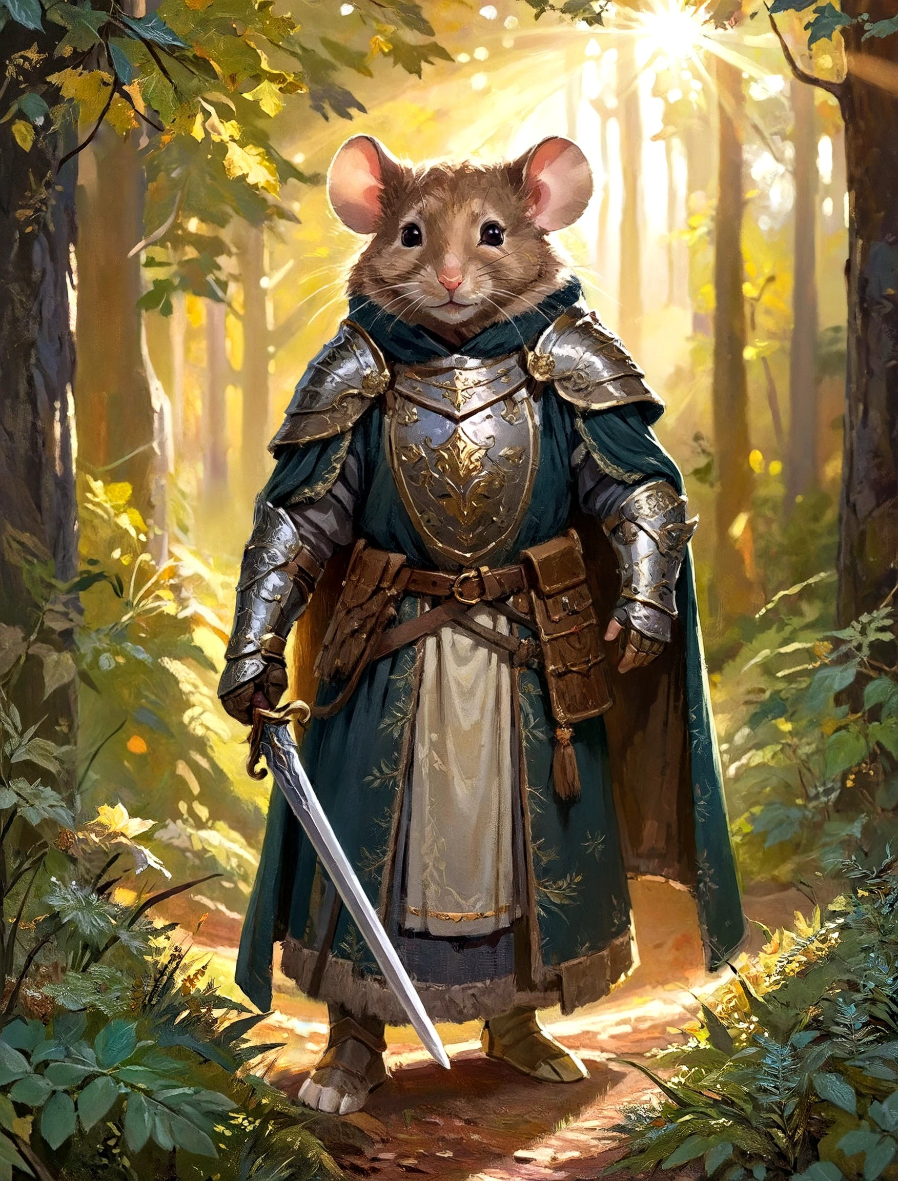 Close up , painterly style, portrait of a wise old mouse warrior (smiling face) , looking straight , (intricate armor:1.4) in a dark woolen cloak with a shining sword, (fur:1.4),deep dark forest background, (shallow depth of field:1.4), foliage, global illumination, radiant light, peaceful environment, golden hour, Sun on face natural lighting, raw, rich, intricate details, key visual, atmospheric lighting,