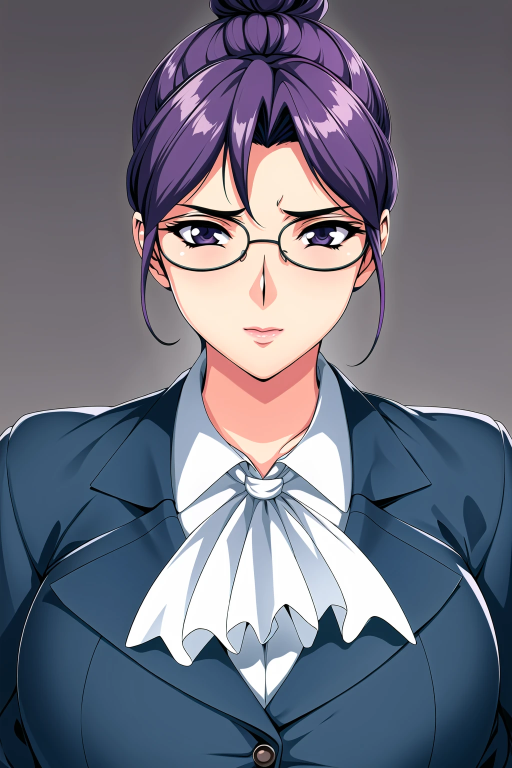 Simple White Background,
dynamic pose,standing at attention,
blue jacket,long_sleeves, Black_skirt,pencil_skirt,Black_pantyhose,
<lora:Minami_Ayaka_Shuusaku-KK77-V2:0.7>,glasses, formal, suit,
purple_hair,hair_bun,purple_Eyes,Bangs,
<lora:Oda_Non_Style-KK77-V2:0.3>,<lora:more_details:0.1>,
1 girl, 20yo,Young female,Beautiful long legs,Beautiful body,
Beautiful Nose,Beautiful character design, perfect eyes, perfect face,expressive eyes,perfect balance,
looking at viewer,(Focus on her face),closed mouth, (innocent_big_eyes:1.0),(Light_Smile:0.3),
official art,extremely detailed CG unity 8k wallpaper, perfect lighting,Colorful, Bright_Front_face_Lighting,White skin,
(masterpiece:1.0),(best_quality:1.0), ultra high res,4K,ultra-detailed,
photography, 8K, HDR, highres, absurdres:1.2, Kodak portra 400, film grain, blurry background, bokeh:1.2, lens flare, (vibrant_color:1.2),professional photograph,
(Beautiful,large_Breasts:1.4), (beautiful_face:1.5),(narrow_waist),