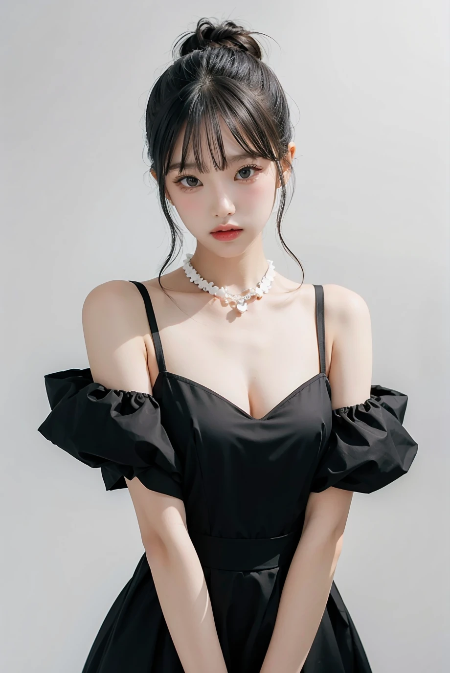 1girl, black dress, white background, <lora:yena_jigumina-02:1>