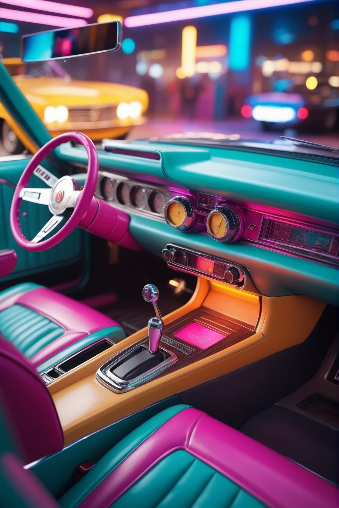 CYBR-XL interior view of classic vintage car dash console, seats
(photorealistic) (bokeh) (intricate details) (cinematic lighting) (sharp focus)