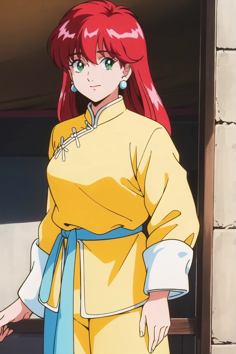 best quality,masterpiece,looking at viewer,1girl,absurdres,
depth of field,retro artstyle,1990s \(style\),<lora:021-ä¸åå°å½å®¶-卿¢
丽V2:0.7>,zhou meili,red hair,long hair,green eyes,cloth belt,yellow chinese clothes,cloth pants,earrings,pink pants,yellow clothes,hair between eyes,