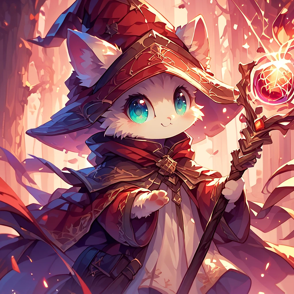 score_9, score_8_up, score_7_up, score_6_up, score_5_up, score_4_up, (a cute little hamster, big cute eyes, wearing red magical hat, holding magical orbstaff:1.2), magical forest in background, vibrant, hkanimal