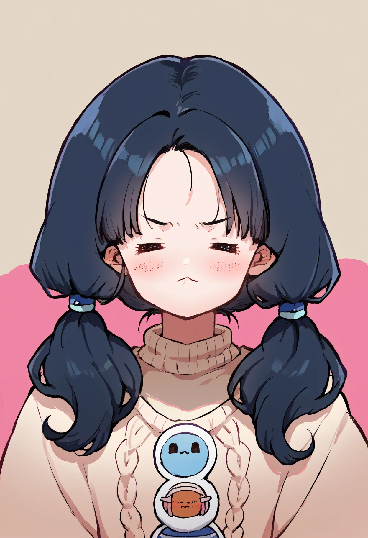 score_9, score_8_up, score_7_up, uncensored, source_anime, 1girl, by kanibonara, <lora:spkaniBonaraStyleXLPony7:1>,  <lora:videl:1> long hair, blue eyes, black hair, twintails, eyelashes, sweater, upper body, blush, frown,  <lora:ChamElfExpressionPonyXL:1> =w=, :3, = =, eyes closed