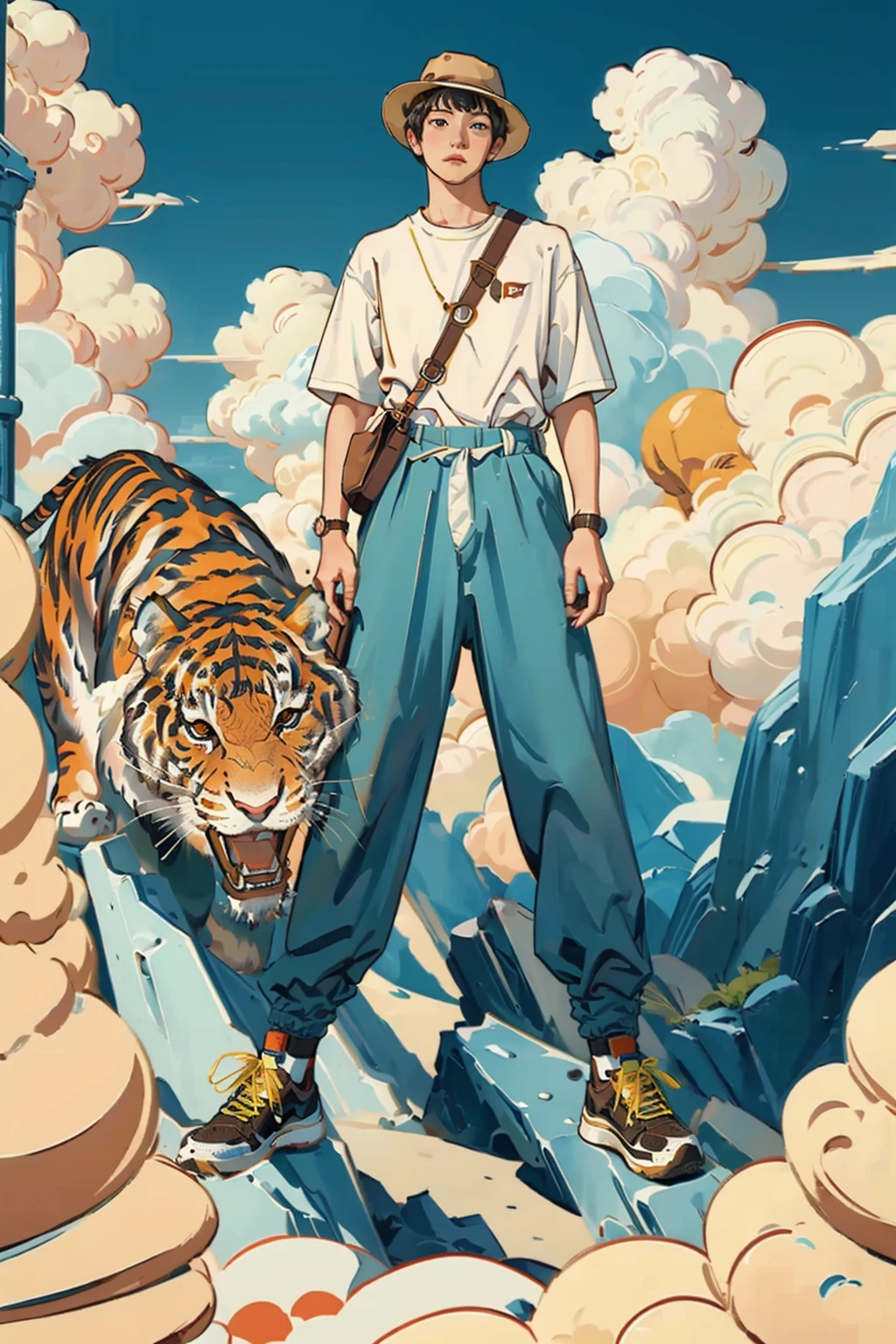 ((masterpiece)), best quality, perfect anatomy,8K wallpaper,
mChinaChic, 1boy,tiger, short hair, watch, t-shirt, cloud, white shirt, yellow hat,  wristwatch, brown bag,blue pants, standing on rock, hill,
<lora:mChinaChic_v1:0.8>