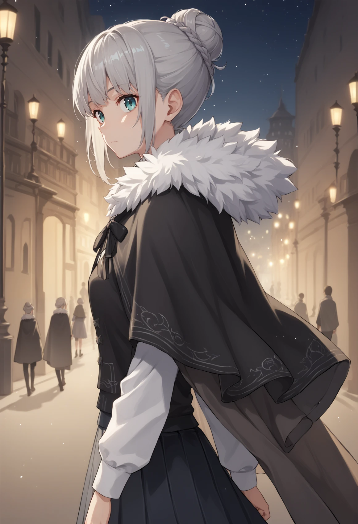 1girl, grey hair, long hair, single hair bun, french braid, sidelocks, aqua eyes, capelet, cape, fur trim, white shirt, vest, pleated skirt, long sleeves, expressionless, walking, night, outdoors, city, night sky, light, form behind, looking at viewer, upper body, from side <lora:Grey:1>, score_9, score_8_up, score_7_up, score_6_up, score_5_up, score_4_up, BREAK source_anime, masterpiece