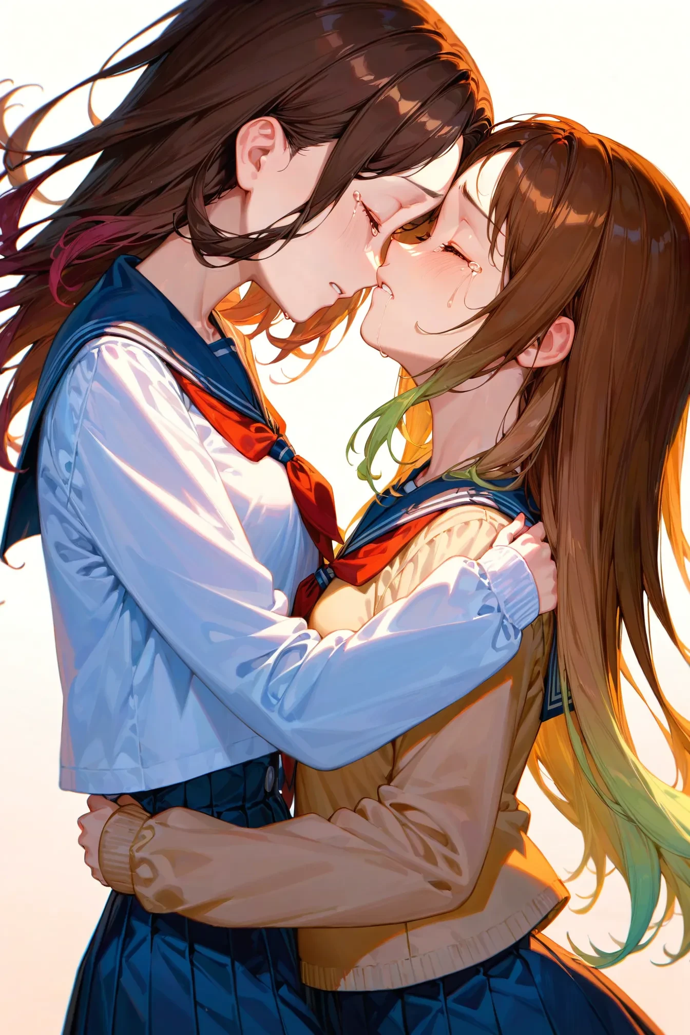 score_9, score_8_up, score_7_up, 2girls, yuri, sunset, school uniform, brown hair, closed eyes, crying, crying with eyes open, face-to-face, gradient hair, jewelry, long hair, multicolored hair, multiple girls, parted bangs, simple background, tears, white background