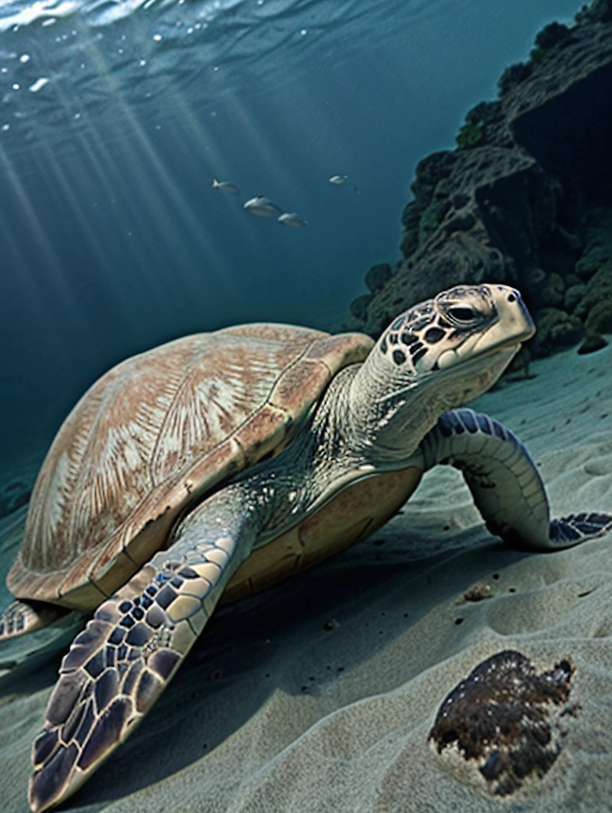 sea turtle swimming underwater, looks beautiful and aesthetic