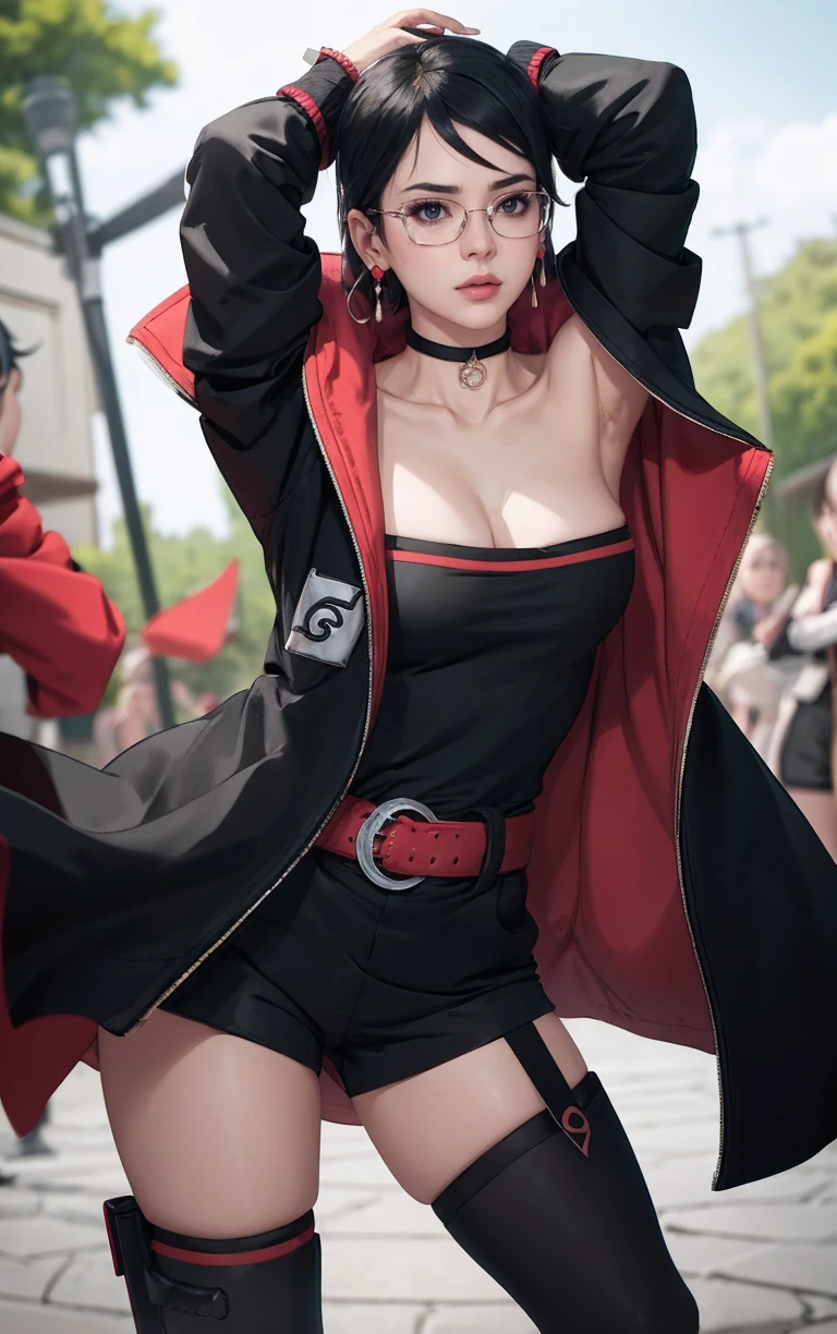 BARUTO_Timeskip_Uchiha_Sarada_ownwaifu, 
1girl, glasses, round eyewear, black hair, black eyes, bangs, swept bangs, short hair, lips, medium breasts, thighs,
black choker, earrings, jewelry, strapless, off shoulder, collarbone, red belt, open jacket, black jacket, black shorts, black dress, black footwear, long sleeves, leg warmers, konohagakure symbol, thigh strap, thigh pouch, loose socks, 
<lora:BARUTO_Timeskip_Uchiha_Sarada_ownwaifu:0.9> ,
((masterpiece)),((best quality)),(highres), bokeh, depth_of_field, scenery, spotlight, focused, looking at viewer, solo,