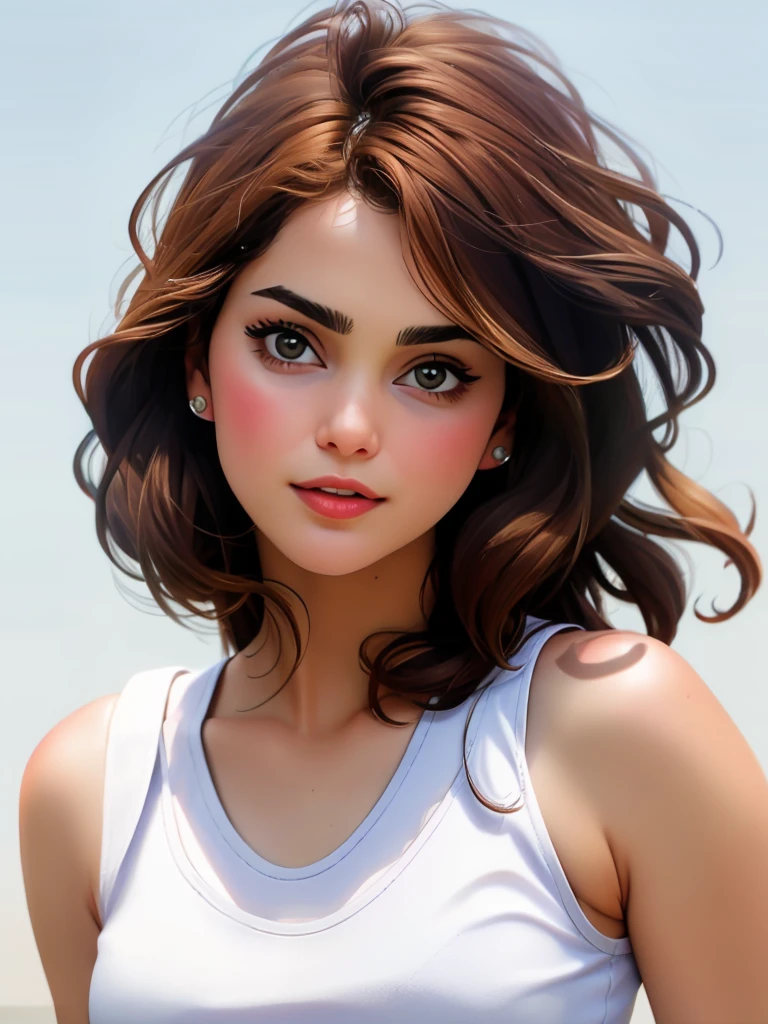 Realistic photo of a beautiful k3r1rus woman,1girl, solo, long hair, looking at viewer, simple background, brown hair, white background, bare shoulders, brown eyes, jewelry, upper body, earrings, parted lips, lips, eyelashes, tank top, realistic, professional Photography, Photorealistic, detailed, RAW, analog, sharp focus, 8k, HD, DSLR, high quality, Fujifilm XT3, film grain, award winning, masterpiece<lora:k3r1rus:1.0>