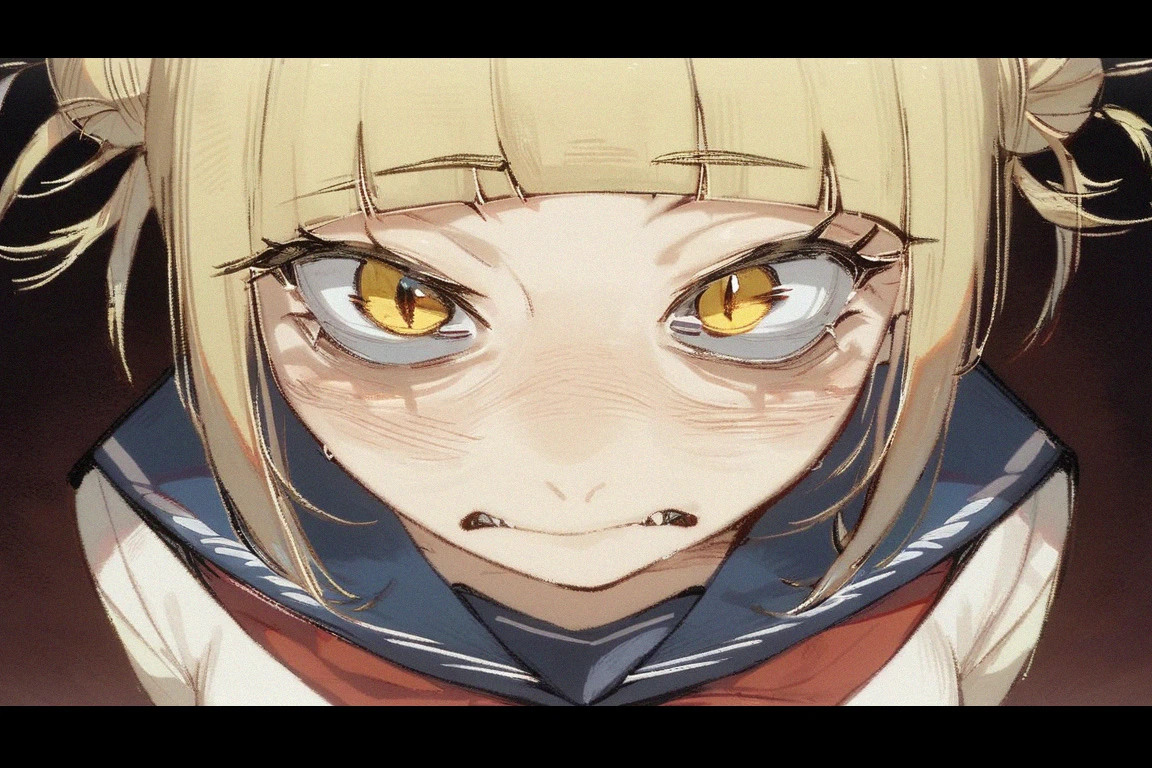 <lora:insanity-angle:1>, score_9, score_8_up, score_7_up, insanity-angle, 1girl, letterboxed, toga himiko, blonde hair, short hair, sidelocks, slit pupils, yellow eyes, blue sailor collar, double bun, messy hair, red neckerchief, serafuku, blush,