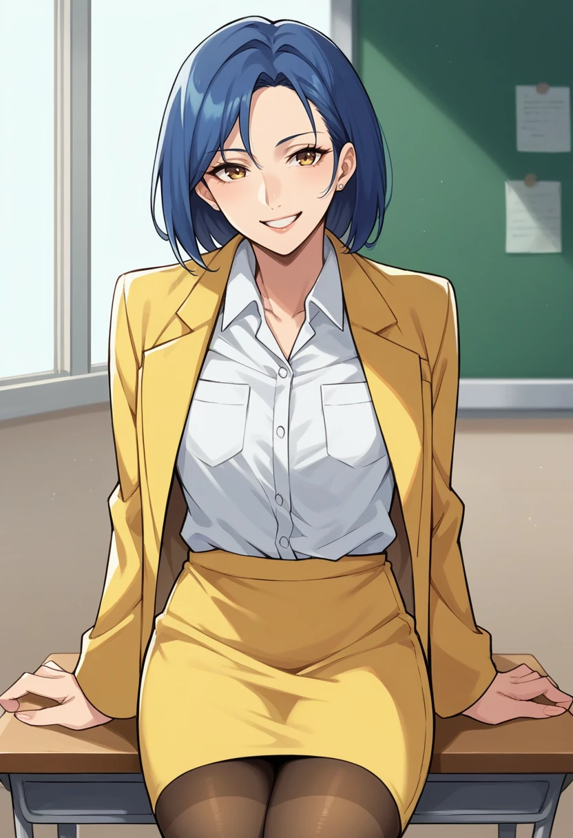 score_9, score_8_up, score_7_up, source_anime BREAK 1girl, solo,  <lora:zs_TakamiXL:1> takamip1, blue hair, medium hair, yellow jacket on shoulders, white formal shirt, yellow pencil skirt, pantyhose, mature female, cowboy shot, smile, classroom, sitting on desk