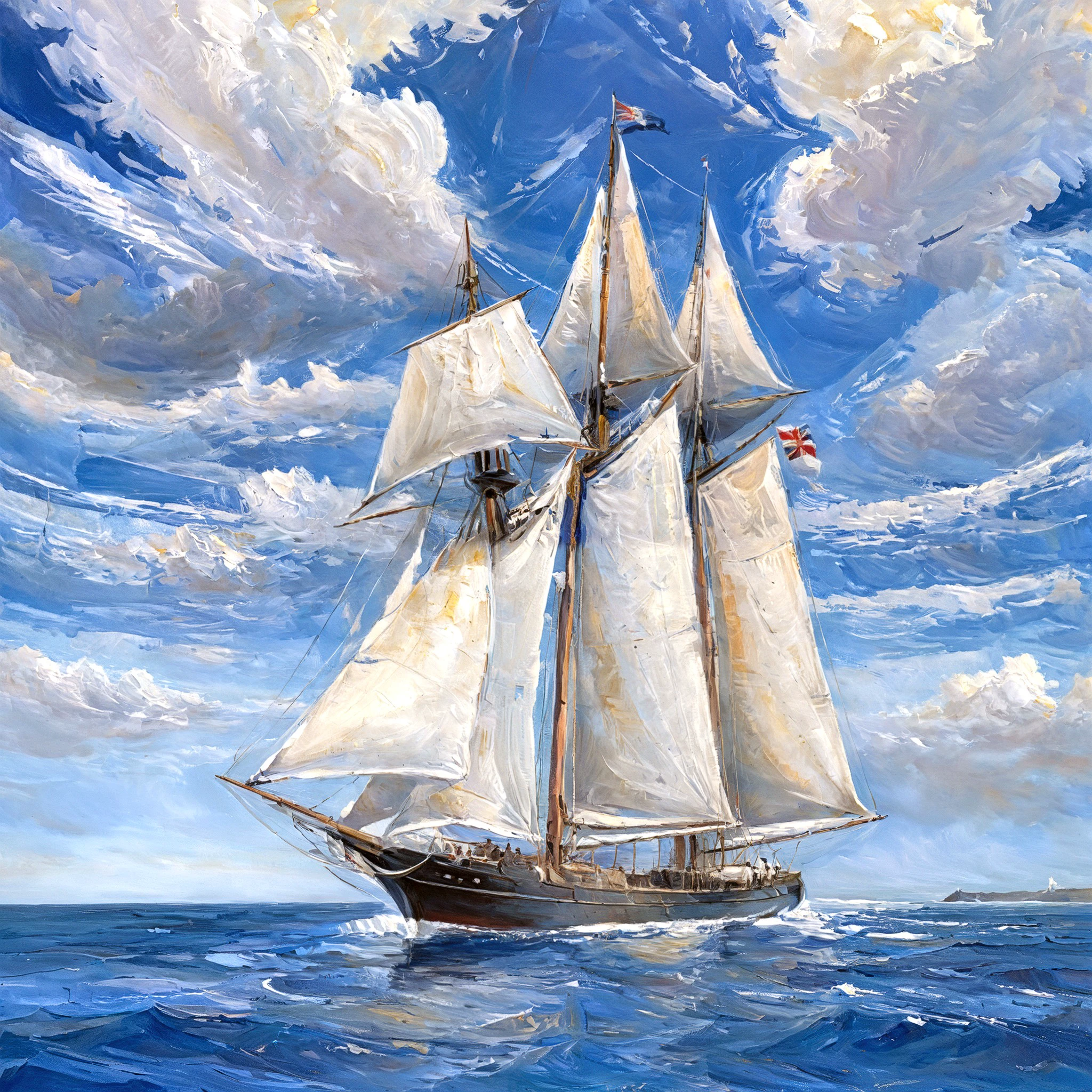 Abstract style painting ,painterly style, A majestic and grandiose painting of a frigate sailing proudly on the open sea. The ship's sails billow in the wind, the sunlight catching the white canvas and casting a golden glow over the scene. The water beneath the frigate is a deep shade of blue, with gentle ripples and waves adding a sense of movement and life to the composition. The frigate itself is intricately detailed, with every rope, mast, and flag meticulously rendered to capture the essence of this historic vessel. The background showcases a vast expanse of sky, with fluffy white clouds drifting lazily overhead, completing the serene and awe-inspiring scene.