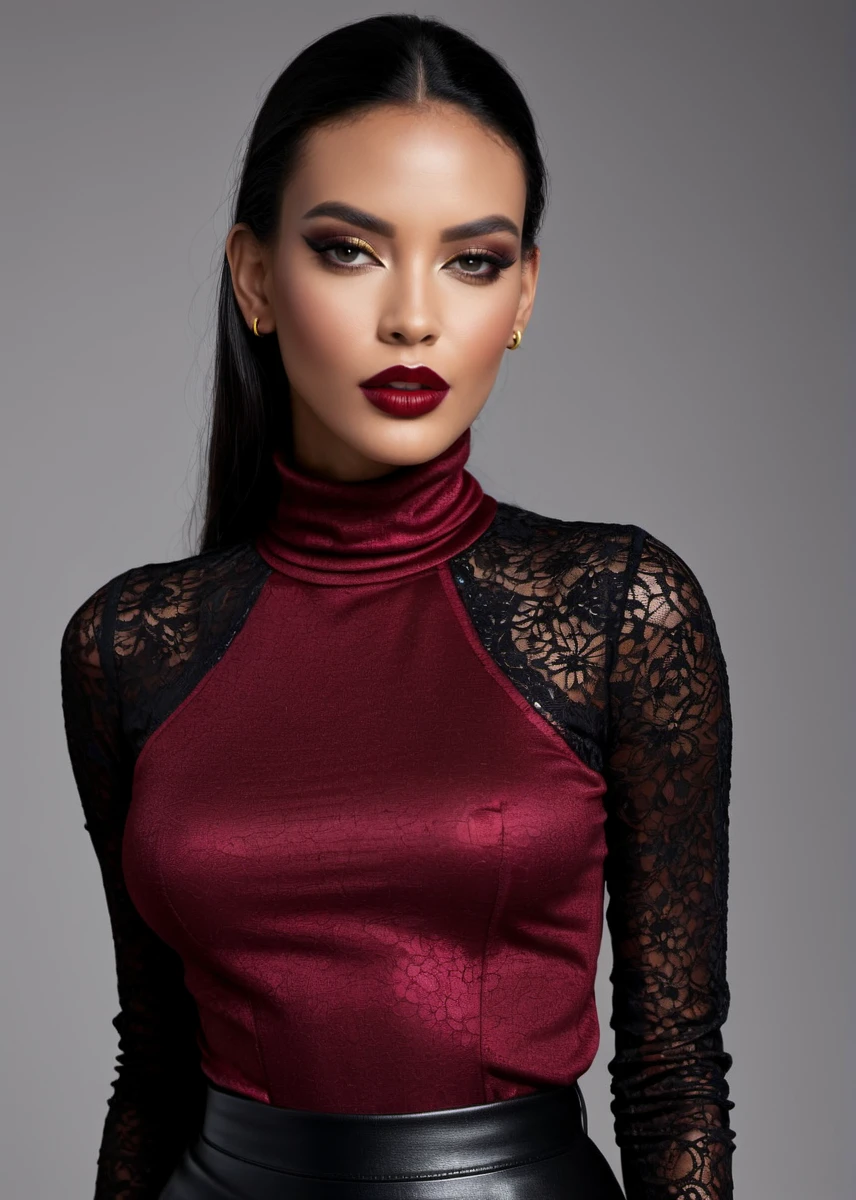 fashion editorial style, (((full body))) of A captivating masterpiece of an woman, (((dressed in a turtleneck Blouse))), The intricate lace and gold details exude a very rebellious aura. ((A bold and daring makeup look featuring ombre lips that transition from a deep, dark red at the center to a glossy black at the outer edges. The lips are expertly lined and filled in with precision, creating a gradient effect that is both edgy and sophisticated)). ((The use of high-shine gloss adds a touch of glamour and dimension to the look)), ((while the deep red and black hues give it a dramatic, vampy vibe)), low-key photography:1.3, one rim side light, narrow lighting, only one light source, facing camera, shallow depth of field, high fashion, trendy, stylish, editorial, magazine style, professional, highly detailed, 8K, <lora:MS_SamanthaCruuz_V1_SDXL:0.8>