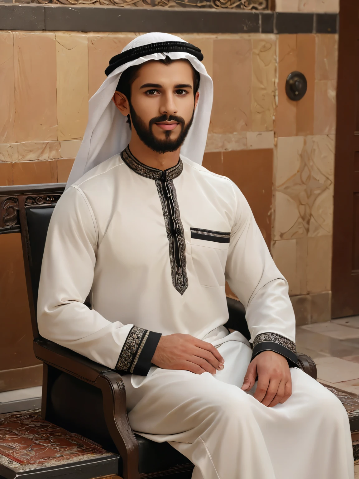 (masterpiece:1.3),(best quality:1.2),highres,sharp,photorealistic,realistic,UHD,
1boy,facial hair,beard,sitting,indoors,(ghutra:1.2),black footwear,<lora:arab robe2:1>,thobe,arabian,