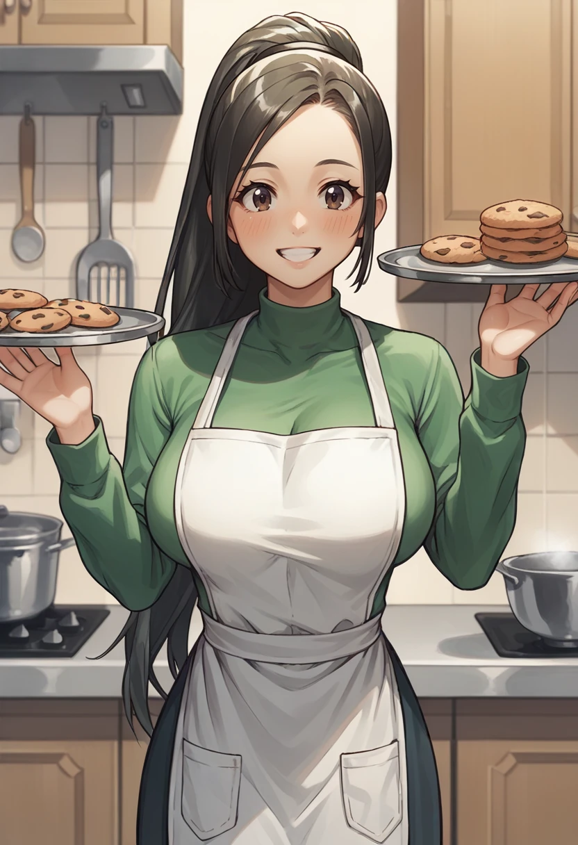 score_9, score_8_up, score_7_up, source_anime, BREAK 1girl, solo, looking at you, smile, blush, happy, holding tray, cookies, <lora:RaynieRH-pdxl:1> raynRH, long hair, high ponytail, big breasts, green shirt, long sleeves, white apron, indoors, kitchen