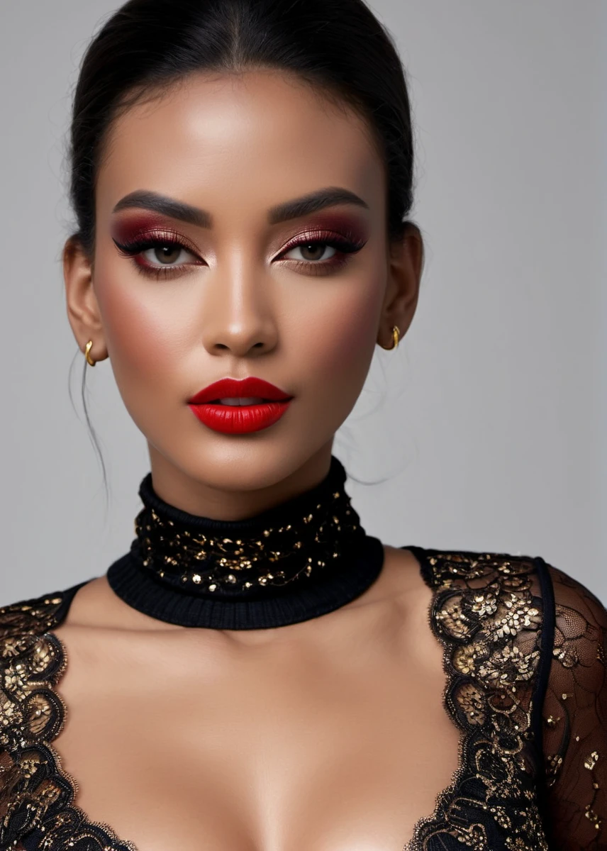 fashion editorial style, full body of A captivating masterpiece of an woman, (((dressed in a turtleneck Blouse))), The intricate lace and gold details exude a very rebellious aura. ((A bold and daring makeup look featuring ombre lips that transition from a deep, dark red at the center to a glossy black at the outer edges. The lips are expertly lined and filled in with precision, creating a gradient effect that is both edgy and sophisticated)). ((The use of high-shine gloss adds a touch of glamour and dimension to the look)), ((while the deep red and black hues give it a dramatic, vampy vibe)), low-key photography:1.3, one rim side light, narrow lighting, only one light source, facing camera, shallow depth of field, high fashion, trendy, stylish, editorial, magazine style, professional, highly detailed, 8K, <lora:MS_SamanthaCruuz_V1_SDXL:0.8>