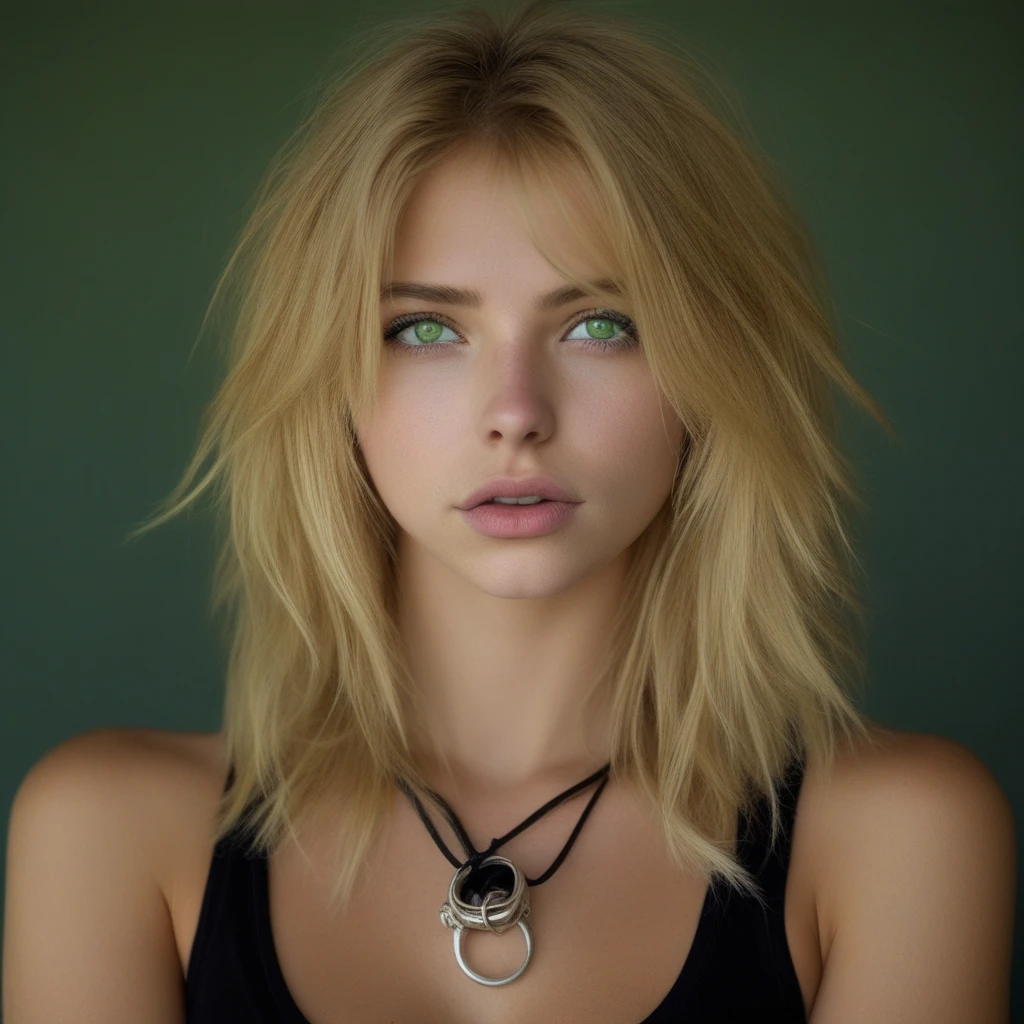 green eyes, white shirt, blonde hair, tank top, closed mouth, mole, breasts, ring, necklace, black shirt