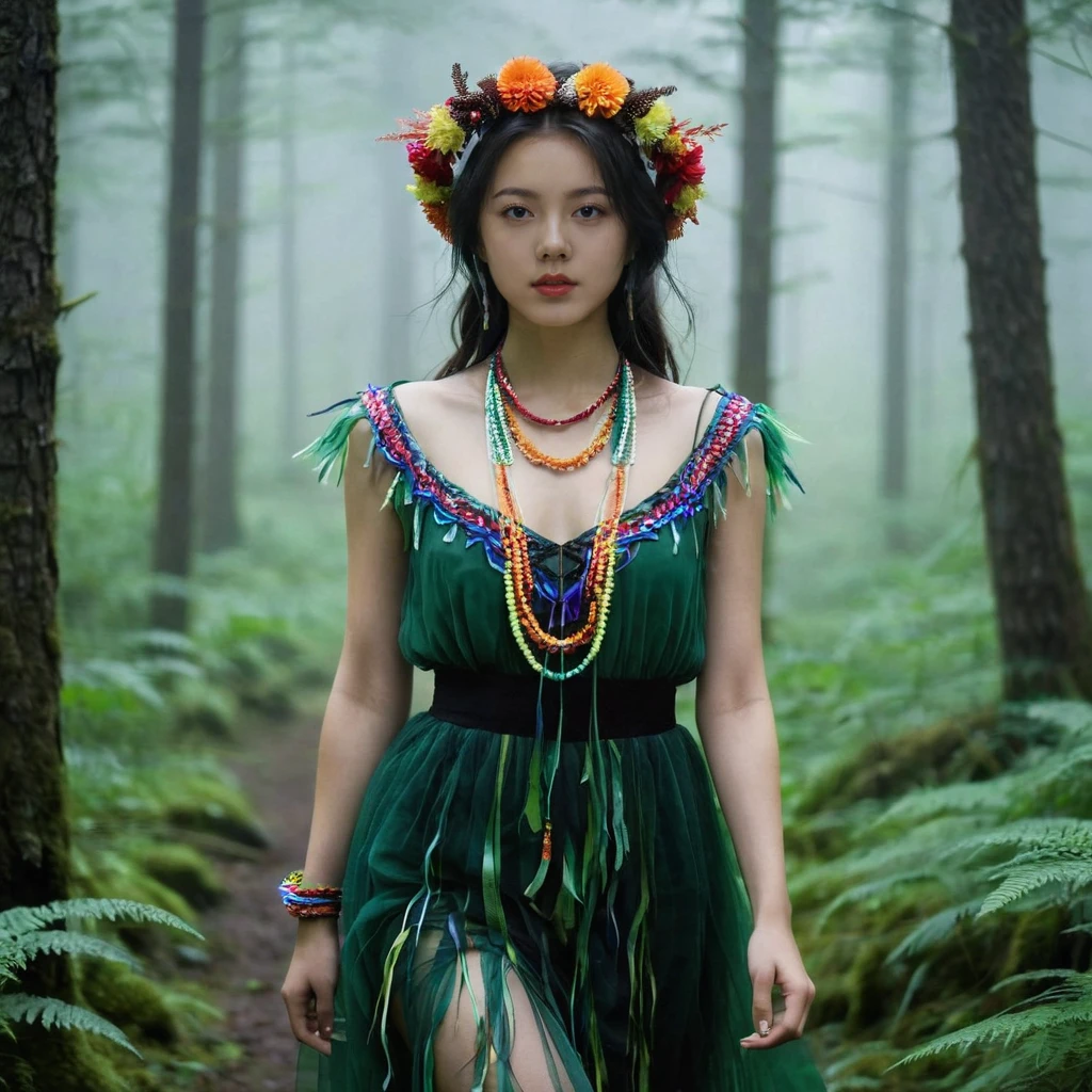 (zjmai woman)<lora:lora_zjm-step00003000_22_4000-sd_xl_base_1.0:1>,Wearing Forest style dress with garland(multi color), strolling in the primeval forest, surrounded by mist