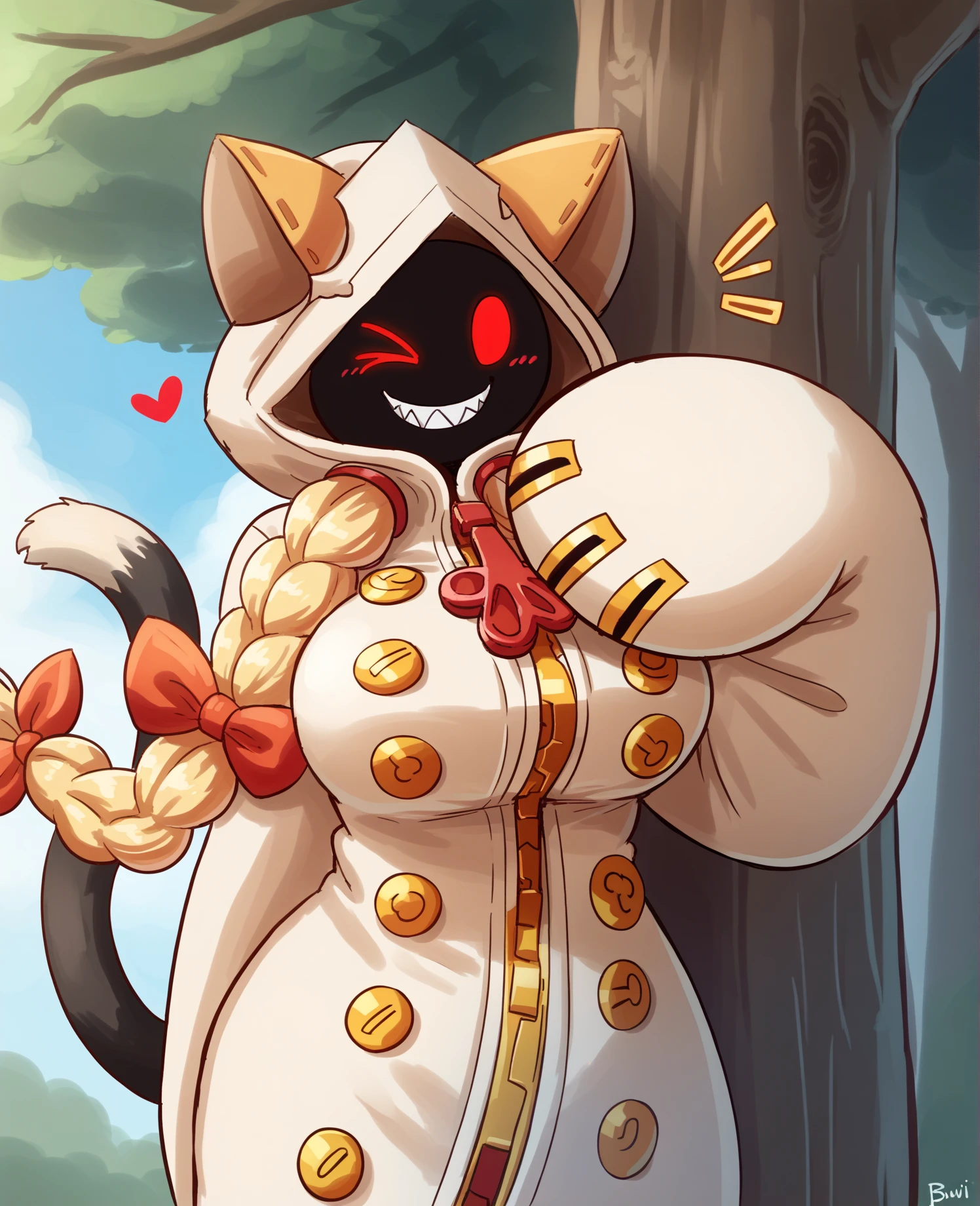 score_9, score_8_up, score_7_up, score_6_up, score_5_up, score_4_up, source_anime, lpugkd, bnp, pbi taokaka, animal humanoid, cat humanoid, felid, felid humanoid, feline, feline humanoid, humanoid, kaka \(blazblue\), mammal, mammal humanoid, accessory, big breasts, black body, black fur, black skin, blonde hair, bow \(feature\), bow accessory, bow ribbon, braided hair, breasts, clothed, clothing, empty eyes, fangs, female, fur, furgonomics, hair, hair accessory, hair bow, hair ribbon, heart symbol, hood, hoodie, leaf, long hair, looking at viewer, nipple analogue, one eye closed, plant, red eyes, ribbons, shadow face, sharp teeth, smile, solo, standing, teeth, topwear, tree, white body, white fur, wink, zipper, (simple face:1.2), 
<lora:taokaka_pdxl:1>