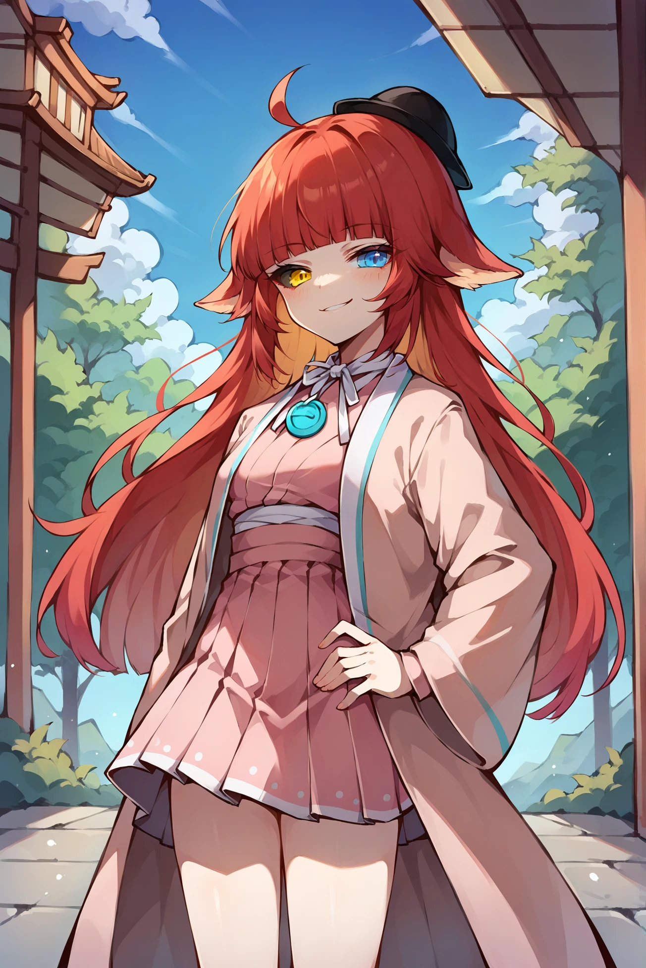 score_9,score_8_up,score_7_up,score_6_up, source anime, 1girl, slender, solo, ms kaling, <lora:KalingXL_V1:0.8>, (smirk), (heterochromia, yellow eyes, blue eyes, colored sclera, long hair, red hair, small breasts, ahoge), (japanese clothes, pink dress, bare legs, hat, pleated dress:1.4), (looking at viewer, cowboy shot, standing, hand on own hip:1.2), outdoors, day, sky, (anime coloring, blunt bangs, jewelry, neck ribbon, coat:1.4)