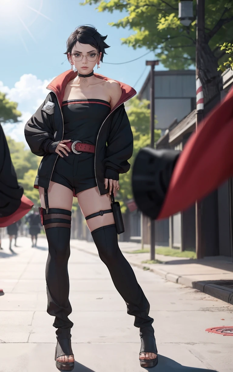 BARUTO_Timeskip_Uchiha_Sarada_ownwaifu, solo focus, 
1girl, glasses, round eyewear, black hair, black eyes, bangs, swept bangs, short hair, lips, medium breasts, thighs,
black choker, earrings, jewelry, strapless, off shoulder, collarbone, red belt, open jacket, black jacket, black shorts, black dress, black footwear, long sleeves, leg warmers, socks, konohagakure symbol, thigh strap, thigh pouch,
<lora:BARUTO_Timeskip_Uchiha_Sarada_ownwaifu:1> ,
((masterpiece)),((best quality)),(highres), bokeh, depth_of_field, scenery, spotlight, focused, looking at viewer, solo, cowboy shot,