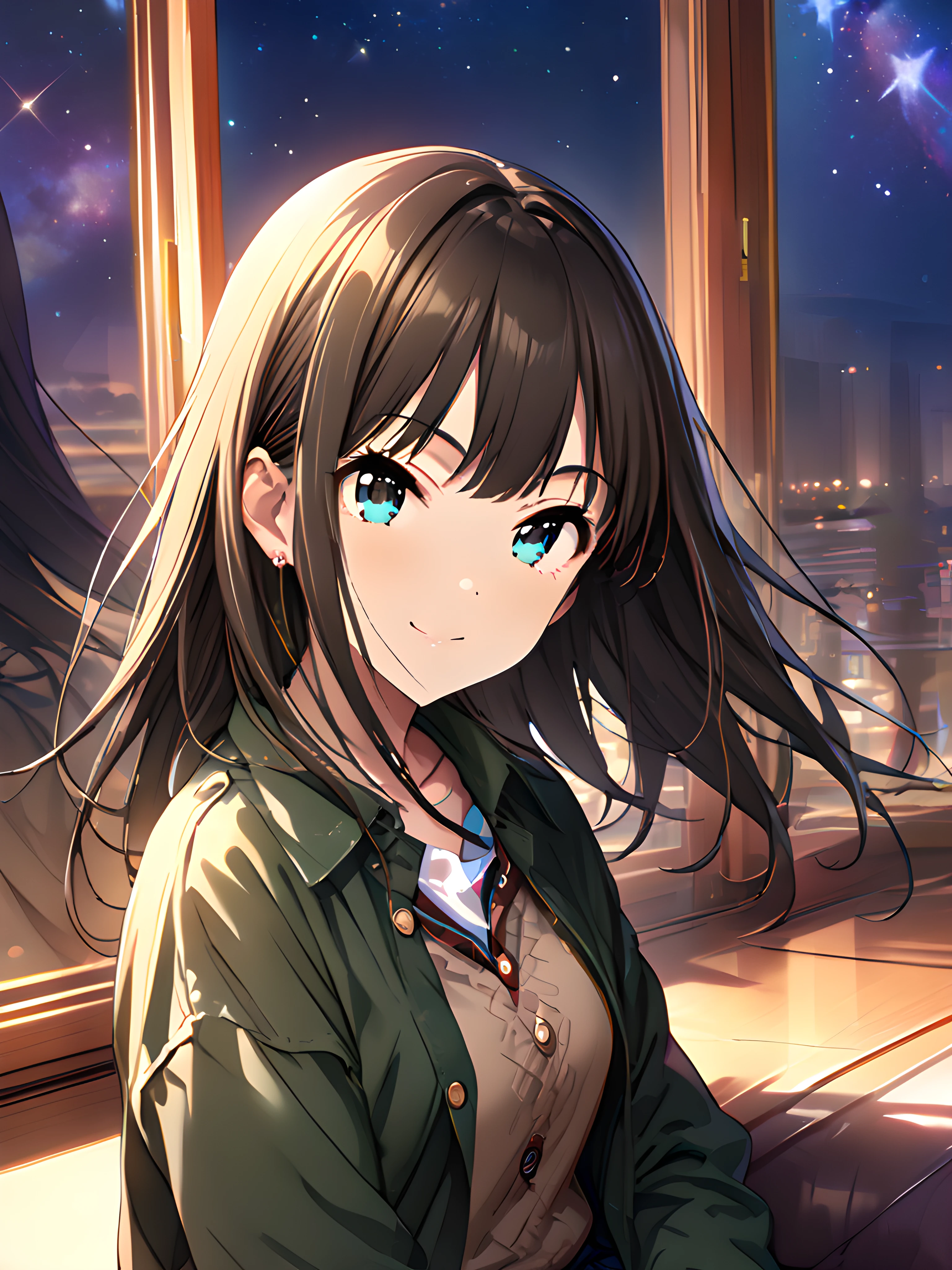 (masterpiece),(best quality),(ultra-detailed),(best illustration),(best shadow),(absurdres),(detailed background),(very aesthetic),rin shibuya, , casualoutfit, 1girl, solo, long hair, smile, brown hair, star (sky), starry sky, shirt, sitting, indoors, self reflection<lora:rinshibuyav1:1>