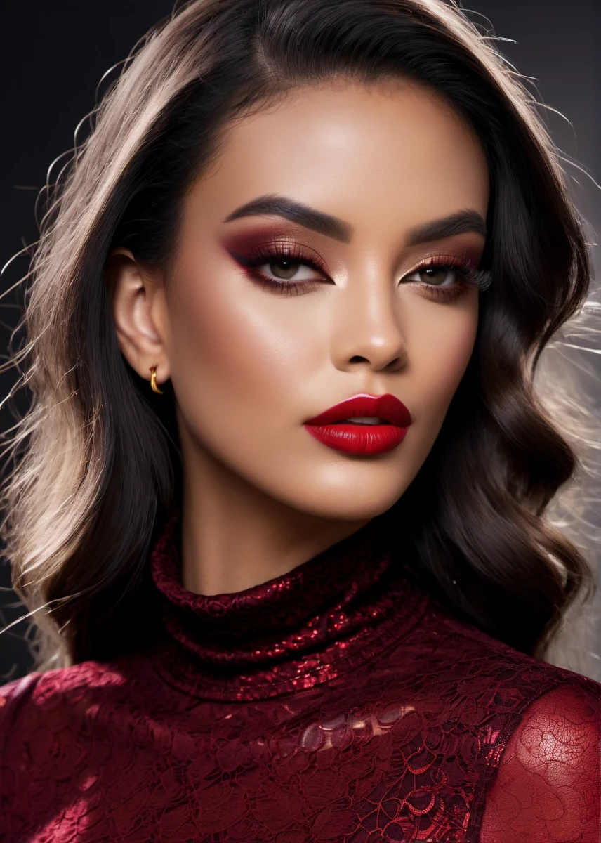 fashion editorial style, half body of A captivating masterpiece of an woman, (((dressed in a turtleneck Blouse))), The intricate lace and gold details exude a very rebellious aura. ((A bold and daring makeup look featuring ombre lips that transition from a deep, dark red at the center to a glossy black at the outer edges. The lips are expertly lined and filled in with precision, creating a gradient effect that is both edgy and sophisticated)). ((The use of high-shine gloss adds a touch of glamour and dimension to the look)), ((while the deep red and black hues give it a dramatic, vampy vibe)), low-key photography:1.3, one rim side light, narrow lighting, only one light source, facing camera, shallow depth of field, high fashion, trendy, stylish, editorial, magazine style, professional, highly detailed, 8K, <lora:MS_SamanthaCruuz_V1_SDXL:0.8>