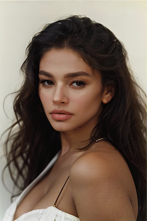 Irving Penn beautiful, masterpiece, best quality, extremely detailed face, perfect lighting, 1woman, <lora:RedDelaCruz:1> , standing, medium shot, pouty luscious lips, long hair, voluminous curls, in front of a white wall, outdoors, sunny weather