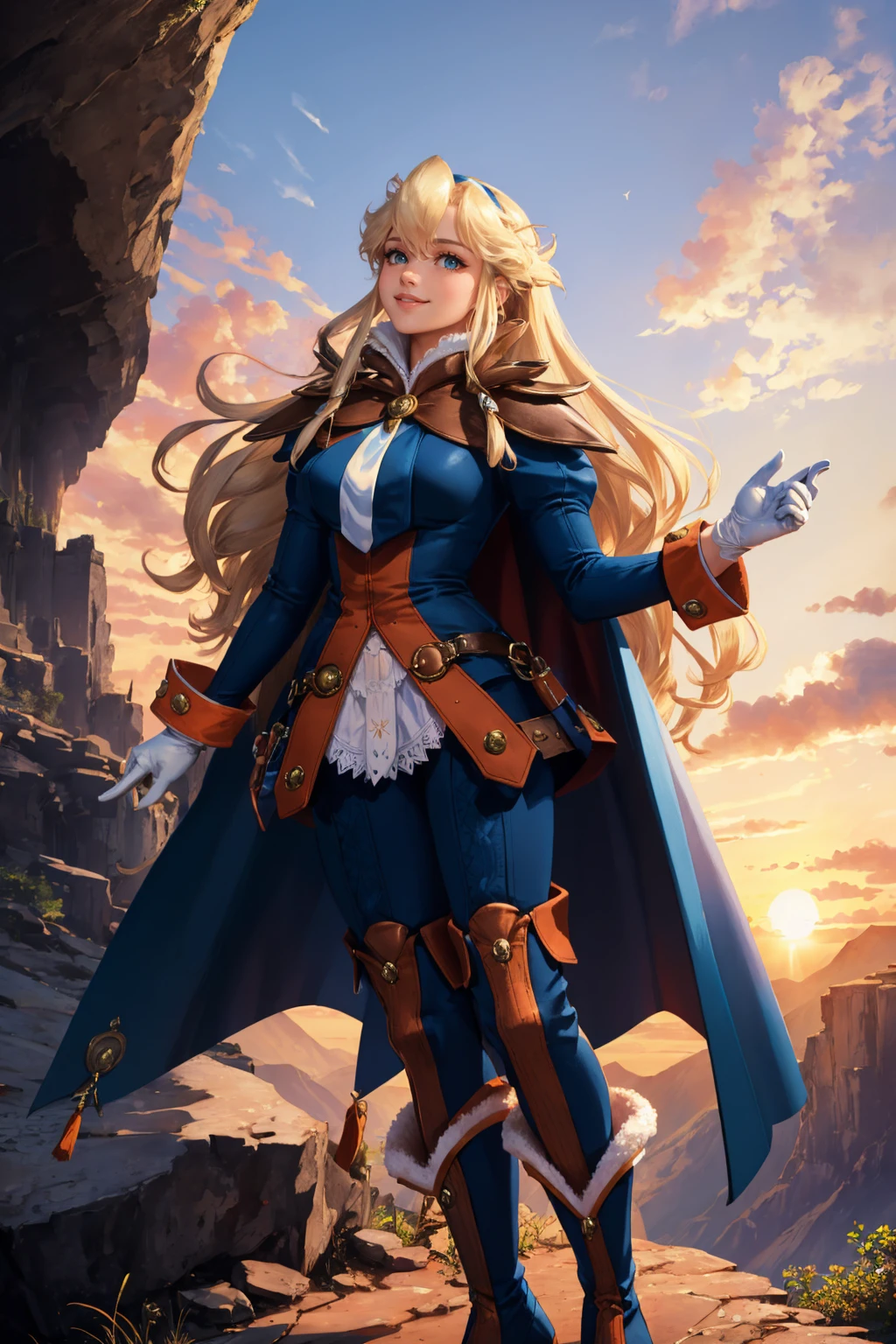 masterpiece, best quality, 1girl, <lora:clarissaarwin-nvwls-v1-000010:0.9> clarissa arwin, hairband, low-tied long hair, white ascot, blue cape, blue and orange coat, puffy sleeves, white gloves, blue pants, thigh boots, sunset, cliff, mountain, looking up, smile