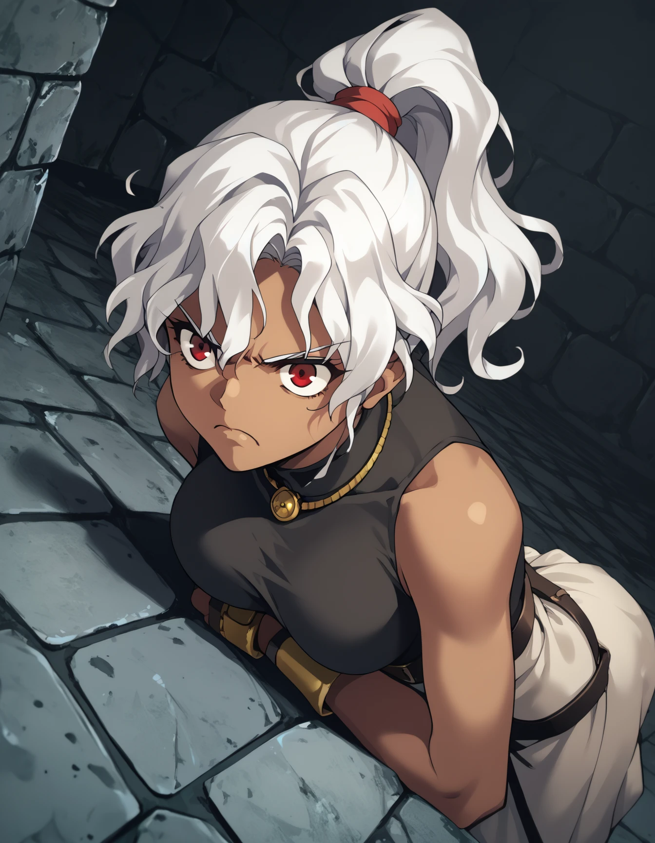 score_9, score_8_up, score_7_up <lora:rita-ponyxl-000025:1> wwrita, red eyes, white hair, ponytail, dark-skinned female, fashion,
dungeon, dutch angle, frown, glaring, indoors, looking up, prison cell, stone wall, wariza