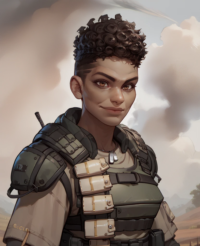 score_9,score_8_up,score_7_up,score_6_up,
BangaloreXL,brown eyes,
standing,upper body,short curly hair,solo,light smile,
tactical armor,tunic,black gloves,shoulder armor,dog tags,
smoke trail in background,plains,<lora:Bangalore:1>,