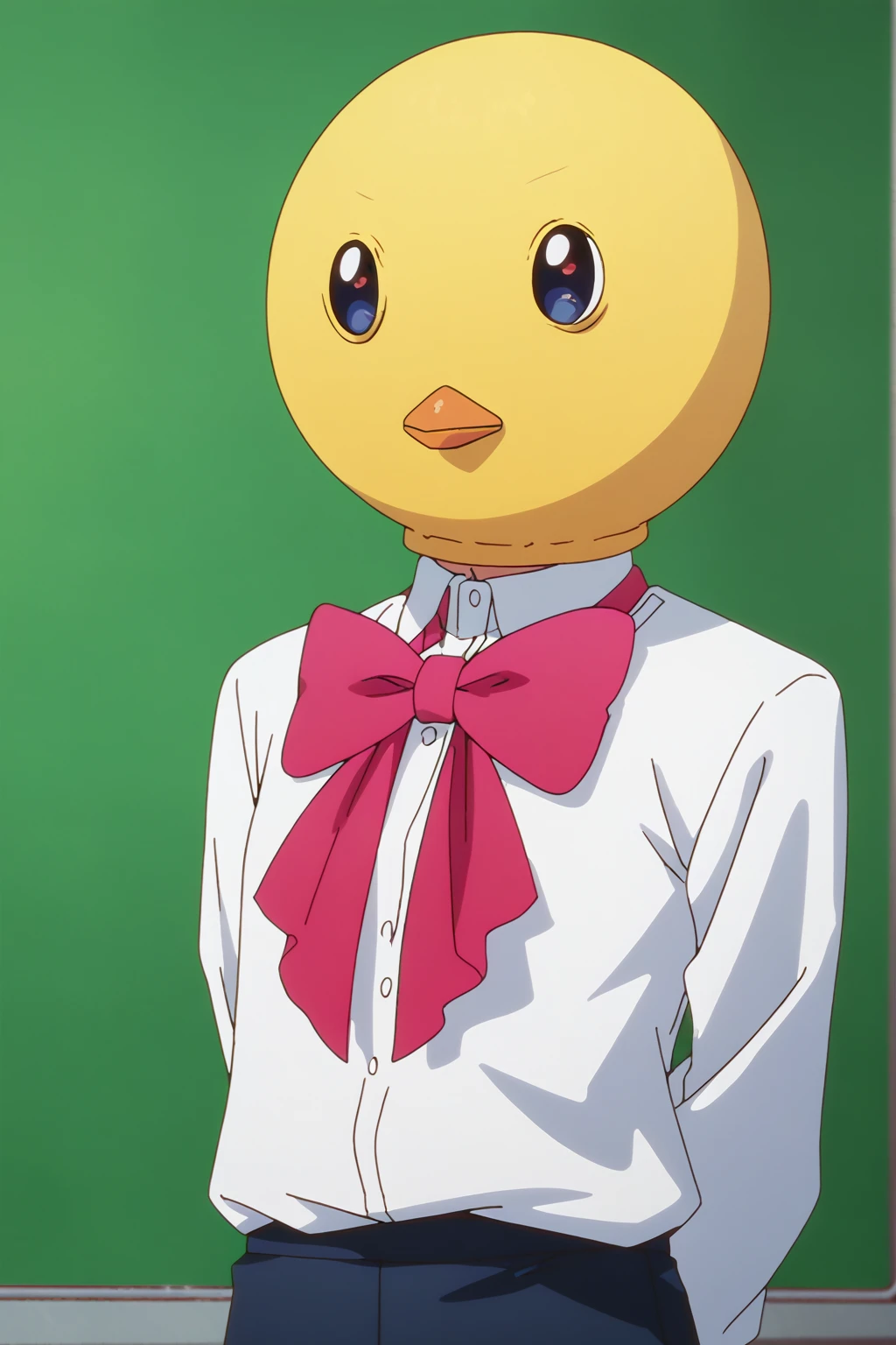 <lora:arimakana_ponyxl_v4:1>, 1girl, bird mask, solo, standing, white shirt, small breasts, arms behind back, contrapposto, pink bowtie, (green screen:1.2), green background, cowboy shot, looking away,
BREAK
score_9, score_8_up, score_7_up, score_6_up, anime, rating_safe, screencap